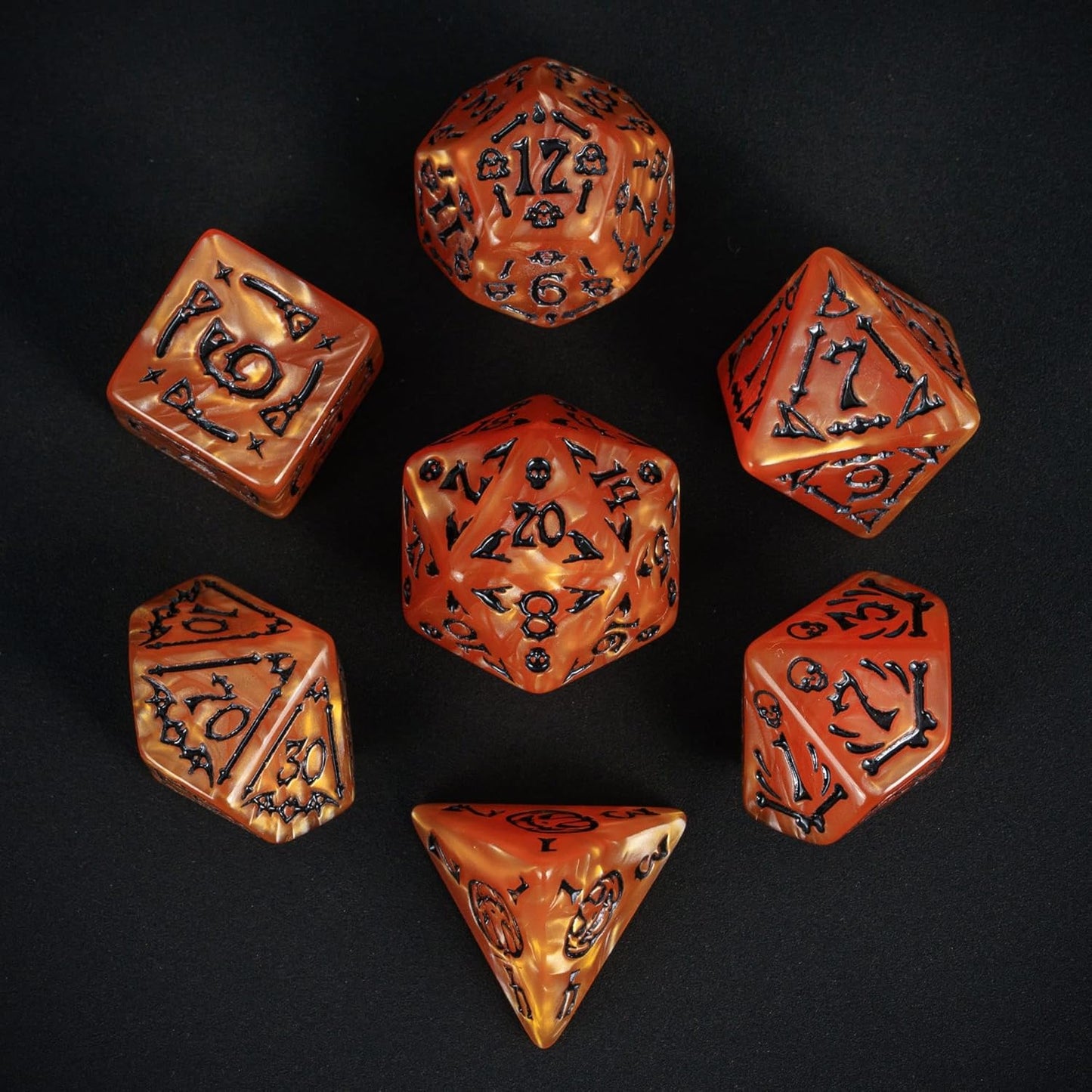 7-Die DND Dice Set Halloween Pattern Polyhedral Die Set with Leather Bag, Skull Dice D&D Die for RPG Table Games (Halloween Pattern-Orange/Black Number)