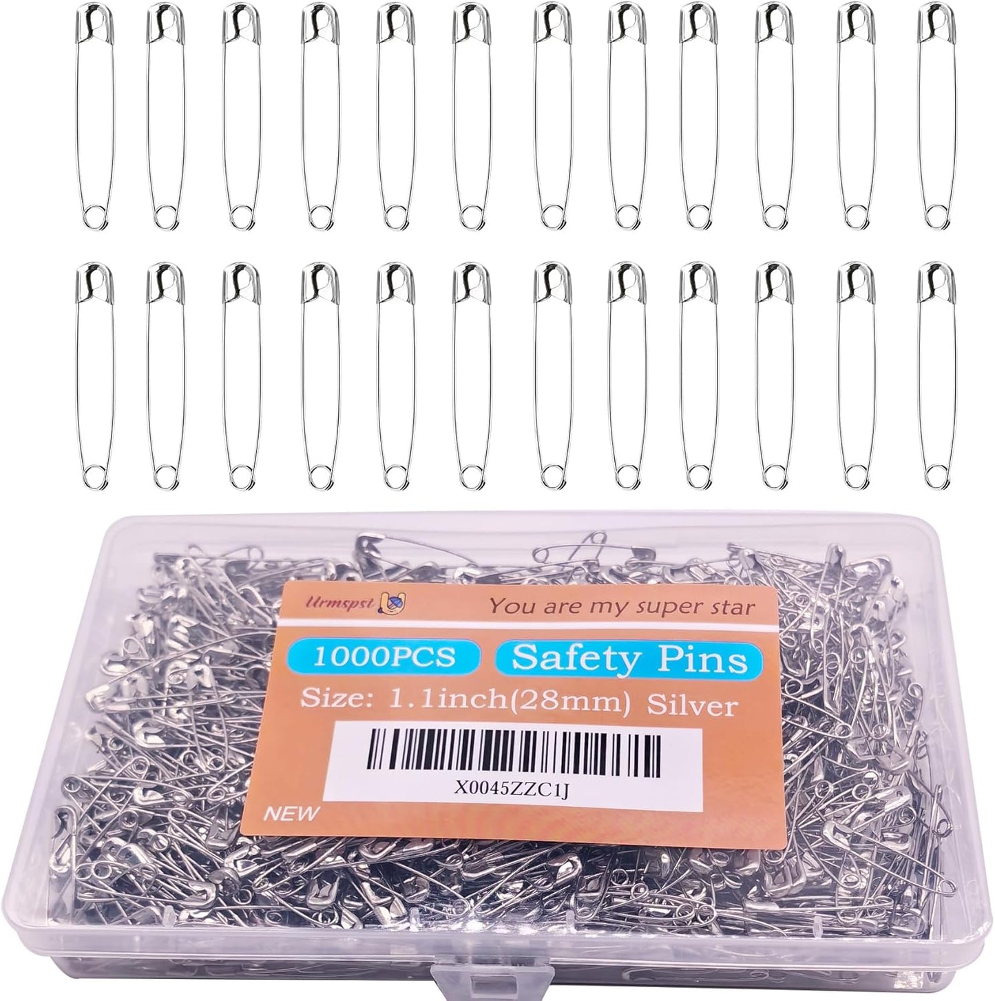 Safety Pins, 1000PCS-1.1Inch Small Safety Pins, Rust-Resistant Nickel Plated Steel, Sharp Edge Safety Pin for Clothes, Sewing, Arts & Craft, 28mm Decorative Safety Pins (Silver), UR-28