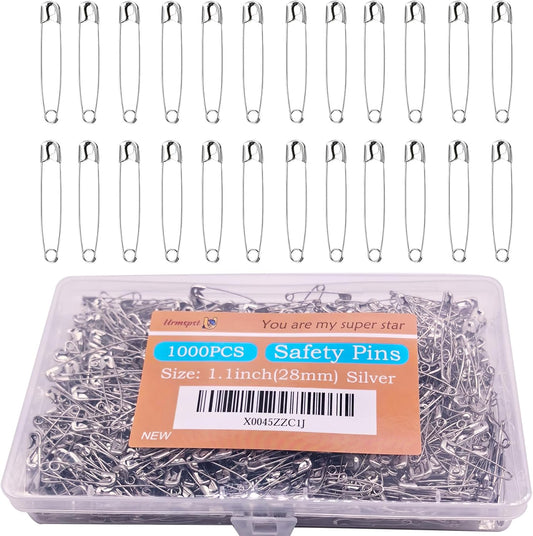 Safety Pins, 1000PCS-1.1Inch Small Safety Pins, Rust-Resistant Nickel Plated Steel, Sharp Edge Safety Pin for Clothes, Sewing, Arts & Craft, 28mm Decorative Safety Pins (Silver), UR-28