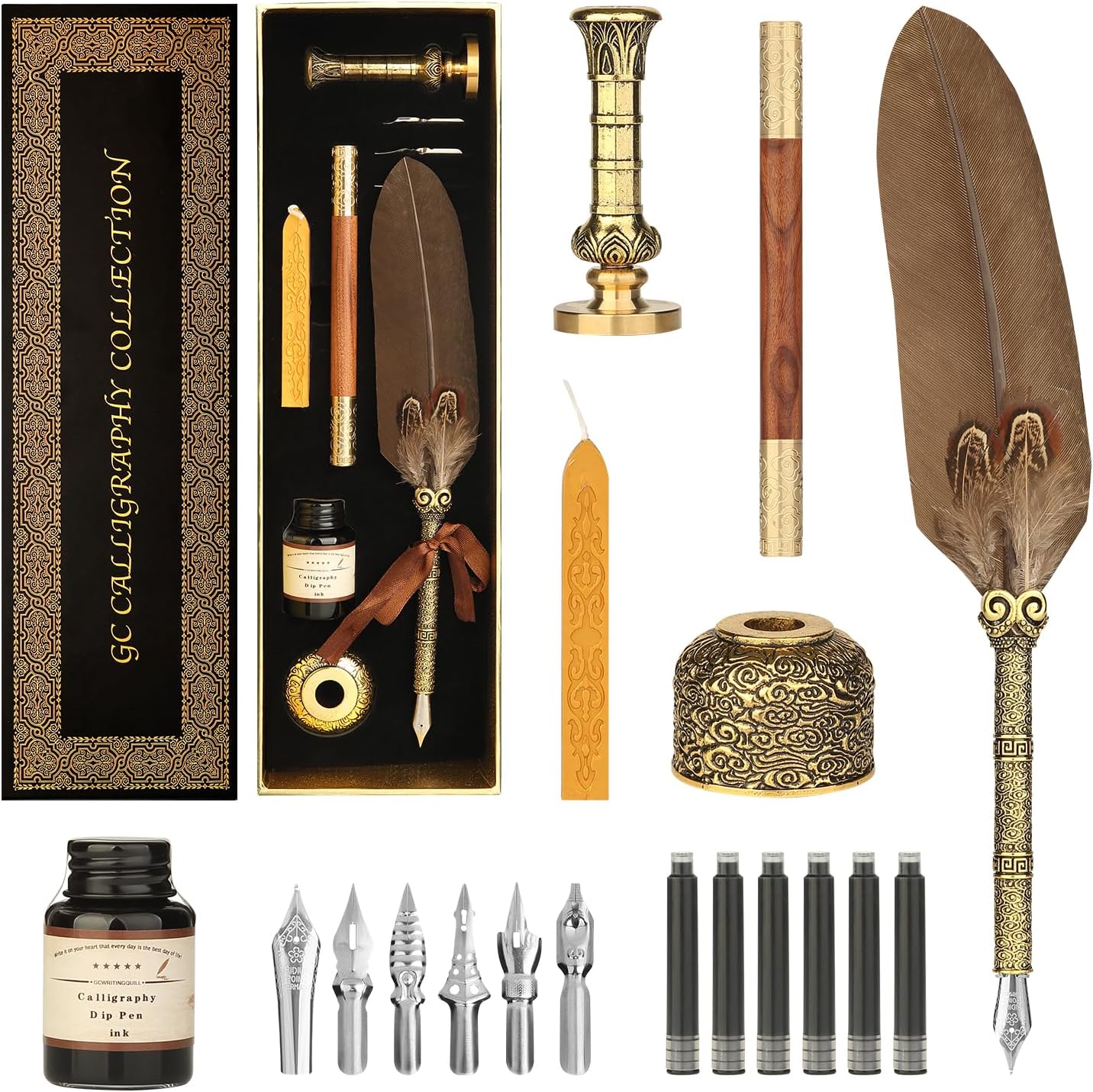 GC QUILL Calligraphy Set - 18pcs With Dual Tip Fountain Pen, Feather Dip Pen, Stamp, Wax Candle, Pen Base, Ink Bottle, Cartridges