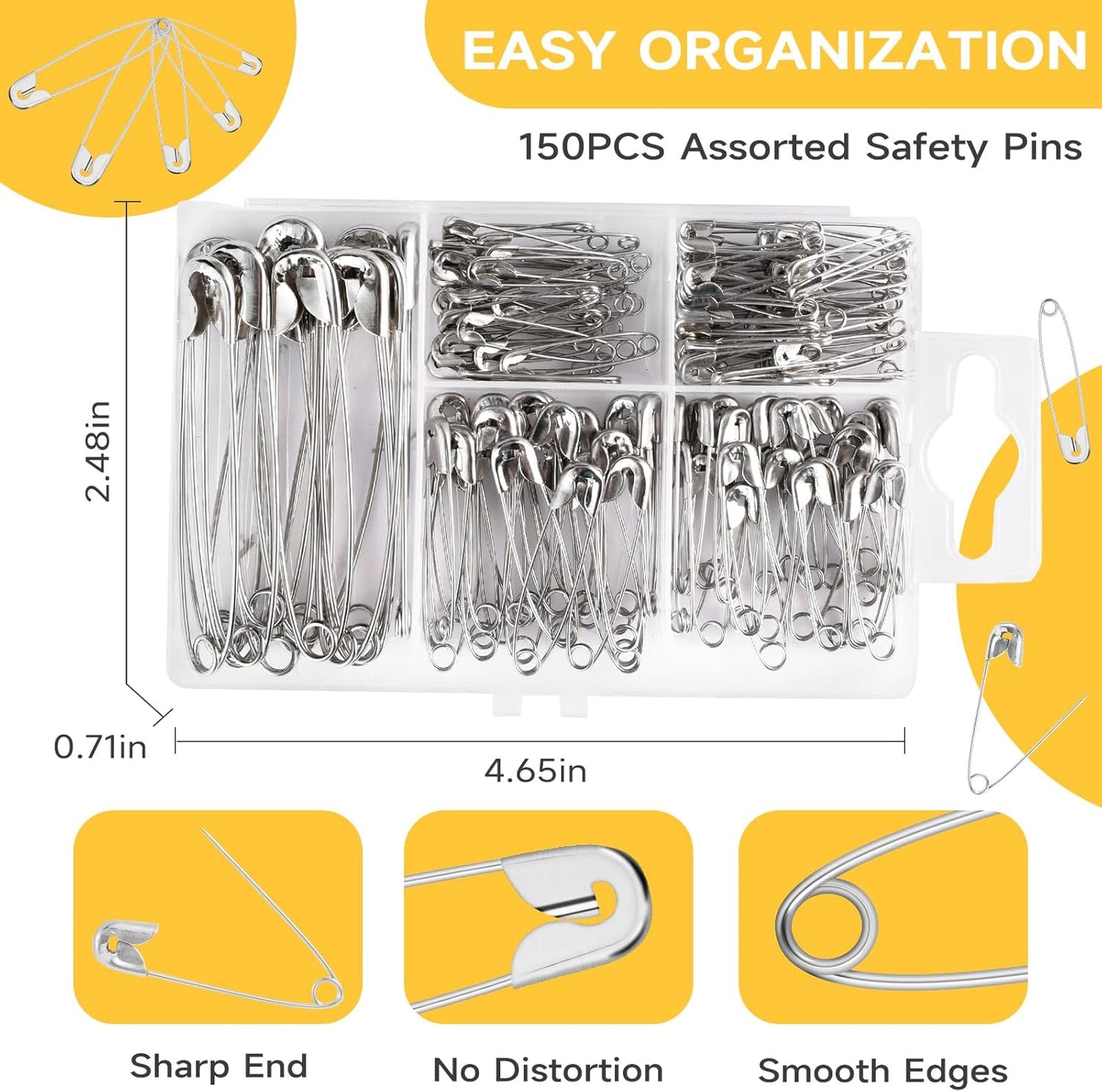 Huhuhero 150Pcs Safety Pins, Large & Small Safety Pins for Clothes Sewing Craft, Nickel Plated Steel Assorted Size Pins Bulk, Art and Craft Supplies (Sliver)