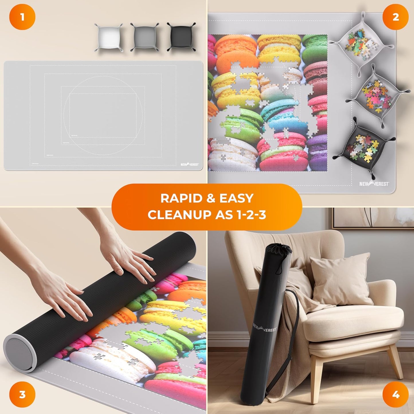 The Original Newverest Jigsaw Puzzle Mat Roll Up, Silver, 46” x 26” Portable Keeper Up to 1500 Pieces with Non-Slip Rubber Bottom & Smooth Top + 3 Puzzle Sorting Trays & Travel-Friendly Storage Bag