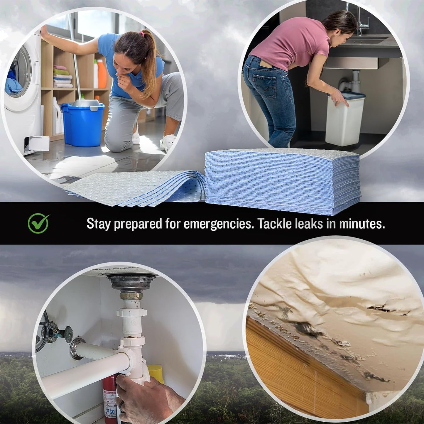 FlashDry Water Absorbent Pads 50 per Box, 17.5"x13.5" - Reusable and Hand Wringable Pads - Ideal for Water Leaks, Spills, Storm Damage Cleanup - Perfect for Basements, Garages, and Under-Sink Cabinets