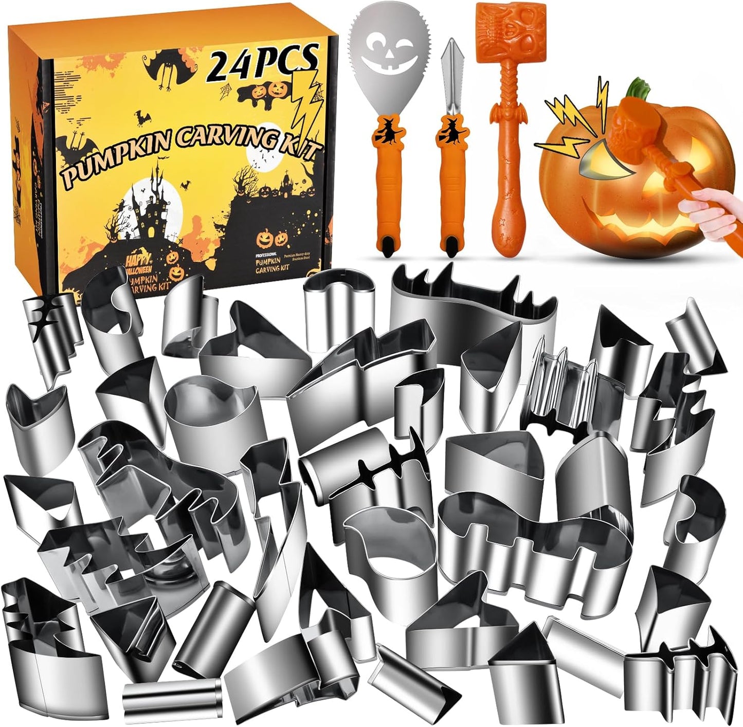 Pumpkin Carving Kit Halloween, Safe and Easy Pumpkin Carving Set for Kids, DIY Stainless Steel Pumpkin Carving Tools for Halloween Decoration Jack-O-Lanterns, Gift for Halloween(With Hammer)