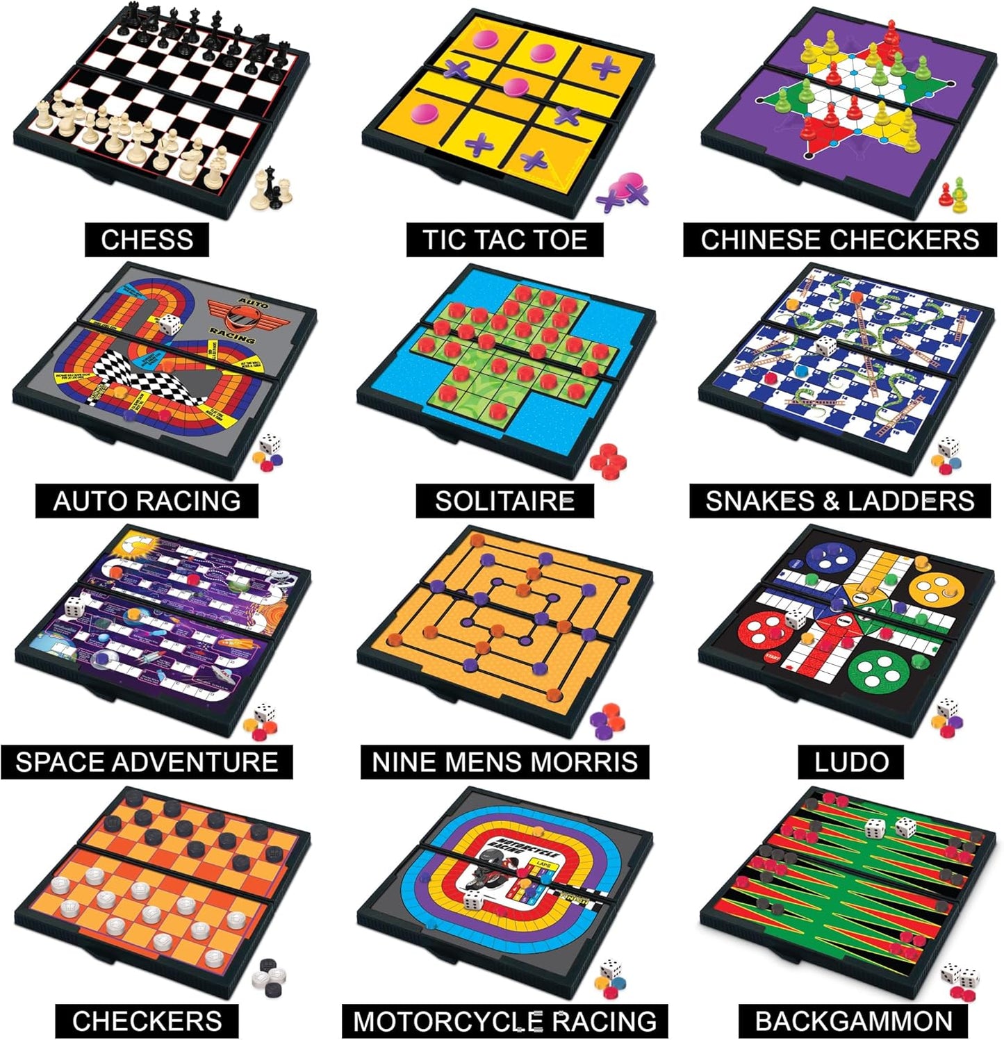 Gamie Magnetic Board Travel Games for Kids, Set Includes 12 Retro Fun Games - 5" Compact Design - Individually Boxed - Teaches Strategy & Focus, Great for Road Trip/Travel/Camping, Gift for Ages 6+