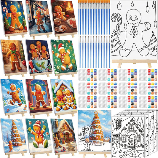 Zhanmai 12 Pack Pre Drawn Canvas for Painting Sip and Paint Kit 8" x 10" Paint Party Set Canvas Painting Pre Printed Canvases for Party Favor DIY Virtual Adult's Date Night(Gingerbread Man)