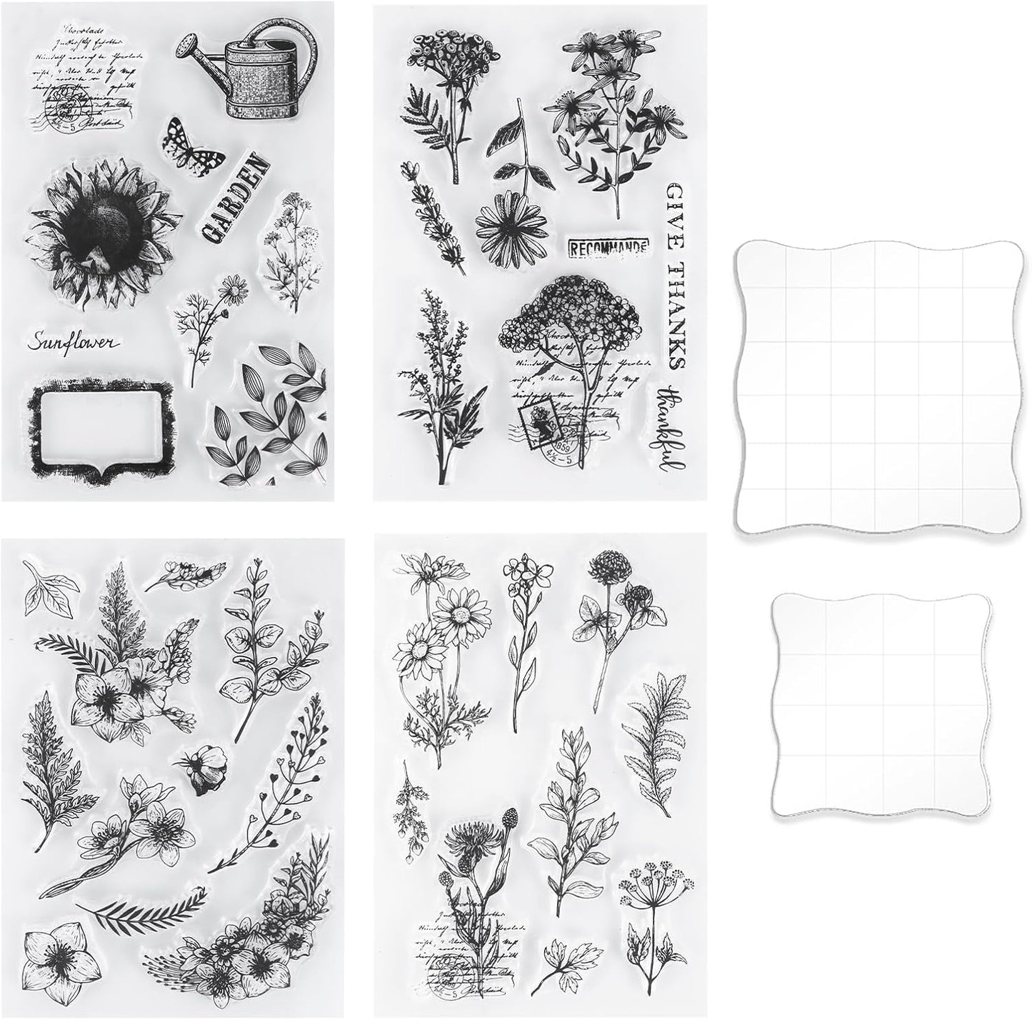 UCEC 4 Sheets Clear Stamps Set for Card Making and 2 Pcs Acrylic Stamp Block, Vintage Plants and Flowers Rubber Silicone Stamps, Small Clear Stamps for Crafts Decoration and DIY Scrapbooking