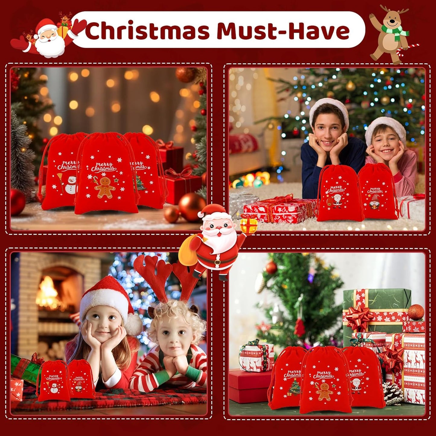 Tapleap Velvet Coth Christmas Bags with Drawstring, 50Pcs 3x4 for Wrapping Christmas Party Favors or Gifts for Friends, Children, Customers