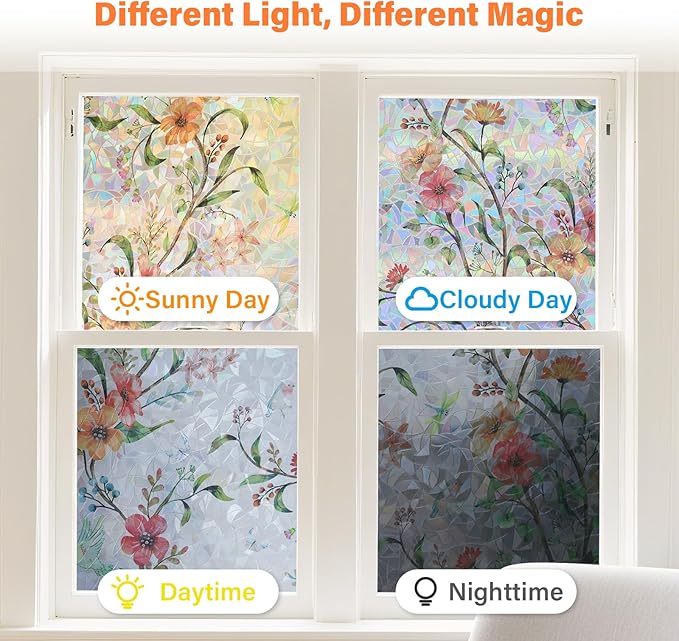 Finnez Stained Glass Window Film with Floral Pattern, Crescent Base and Rainbow Effect, Decorative Static Cling No Glue No Residue 17.5 x 78.7 Inches