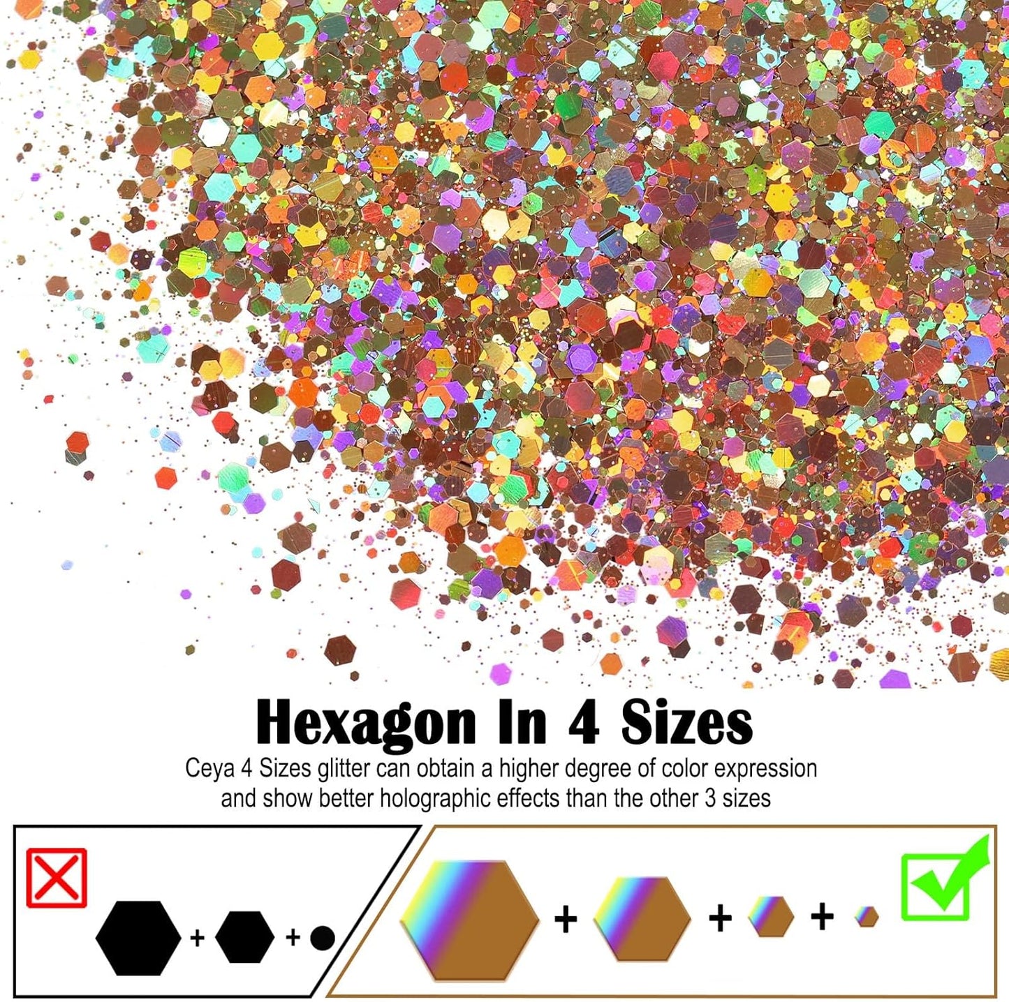 Ceya Holographic Chunky Glitter, 4.9oz/ 140g Diamond Gold Craft Glitter Powder Mixed Fine Flakes Iridescent Nail Sequins for Nail Art, Hair, Epoxy Resin, Tumblers, Slime, Painting, Festival Decor