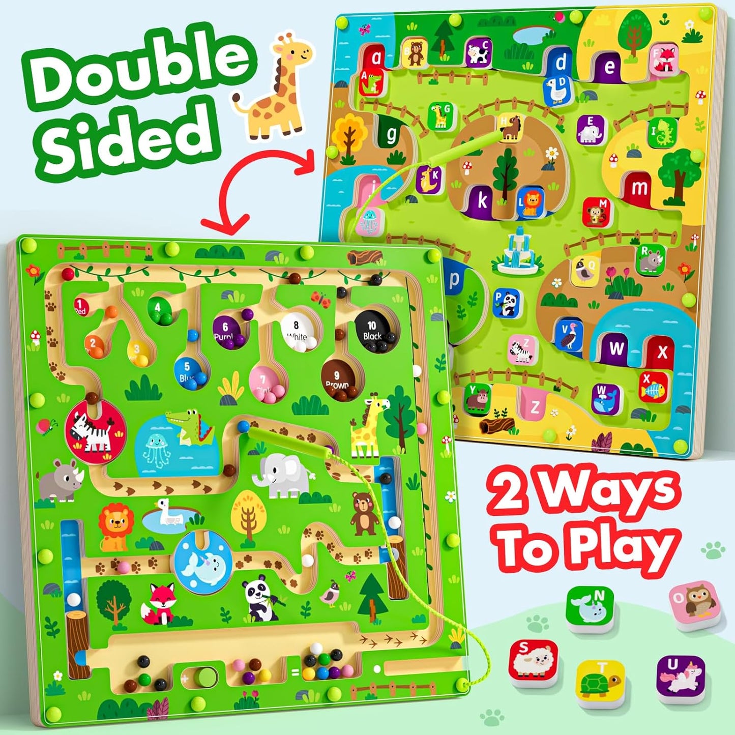 2 in 1 Magnetic Color and Number Maze Magnet Alphabet Counting Double Sided Board Wood Puzzle Fine Motor Skills Montessori Preschool Toys Gifts for Boys and Girls 3-5 Age (Big Zoo, One Size)