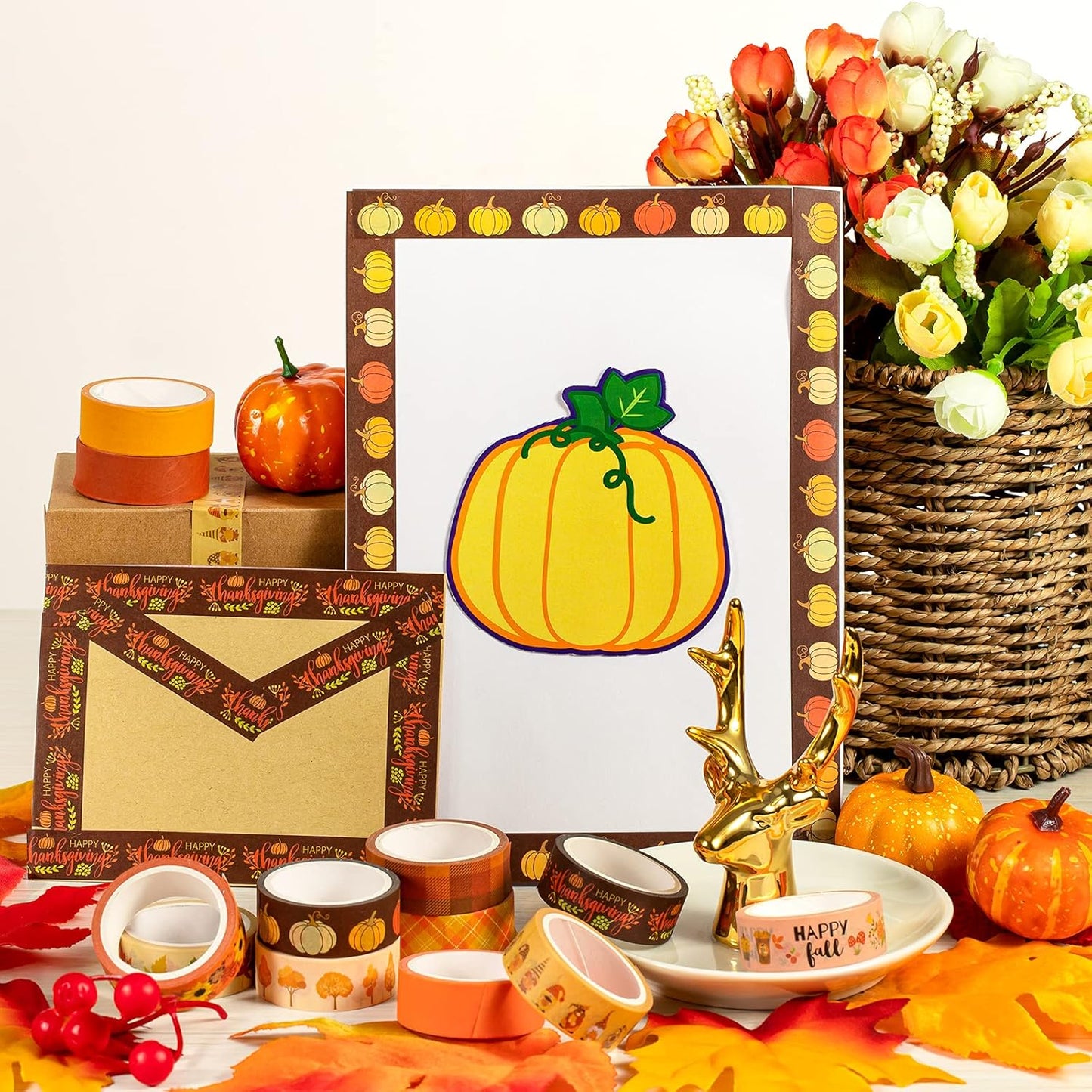 Whaline 12 Rolls Fall Washi Tape Thanksgiving Autumn Maple Leaves Pumpkin Gnome Masking Washi Tape 15mm Thanksgiving Harvest Decorative Tape Sticker for Scrapbook Journal DIY Craft Gift Wrapping