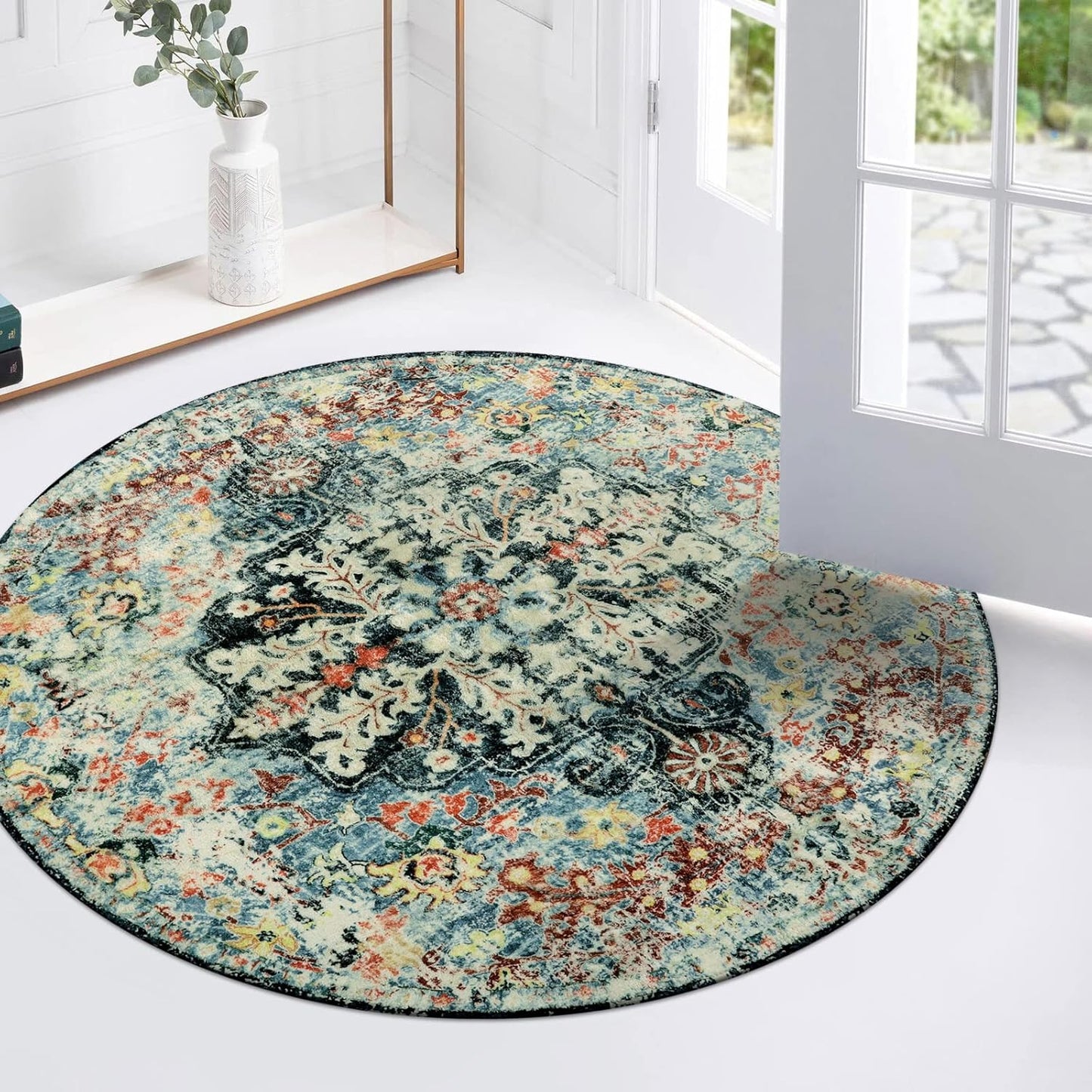 Lahome Bohemian Floral Medallion Round Rug - 3Ft Small Bedroom Round Area Rug Soft Bathroom Circle Mat, Teal Vintage Non Slip Machine Washable Entryway Carpet for Nursery Kitchen Family Room