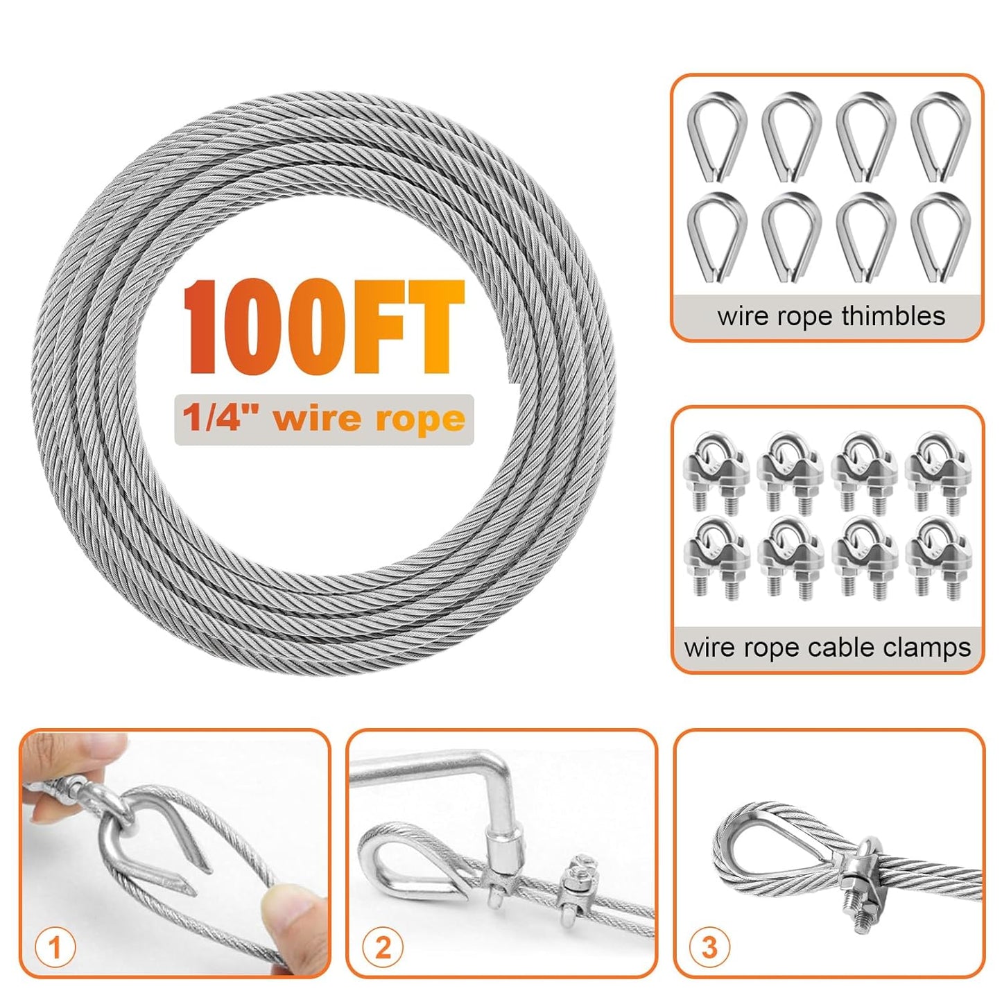 Stainless Steel Cable for Railing - 100FT 1/4" T316 Wire Rope with Clamps and Thimbles - 7 x 19 Strands 6700 LBS Breaking Strength for Outdoor Deck Railing Zipline