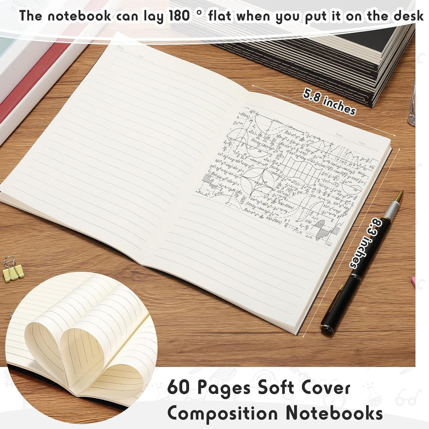 Handepo 100 Pack Composition Notebooks A5/A6 Ruled Lined Composition Kraft Notebooks Bulk Soft Cover Journals Travel Diary Memo for Students Classroom Office Supplies(A5,Black)