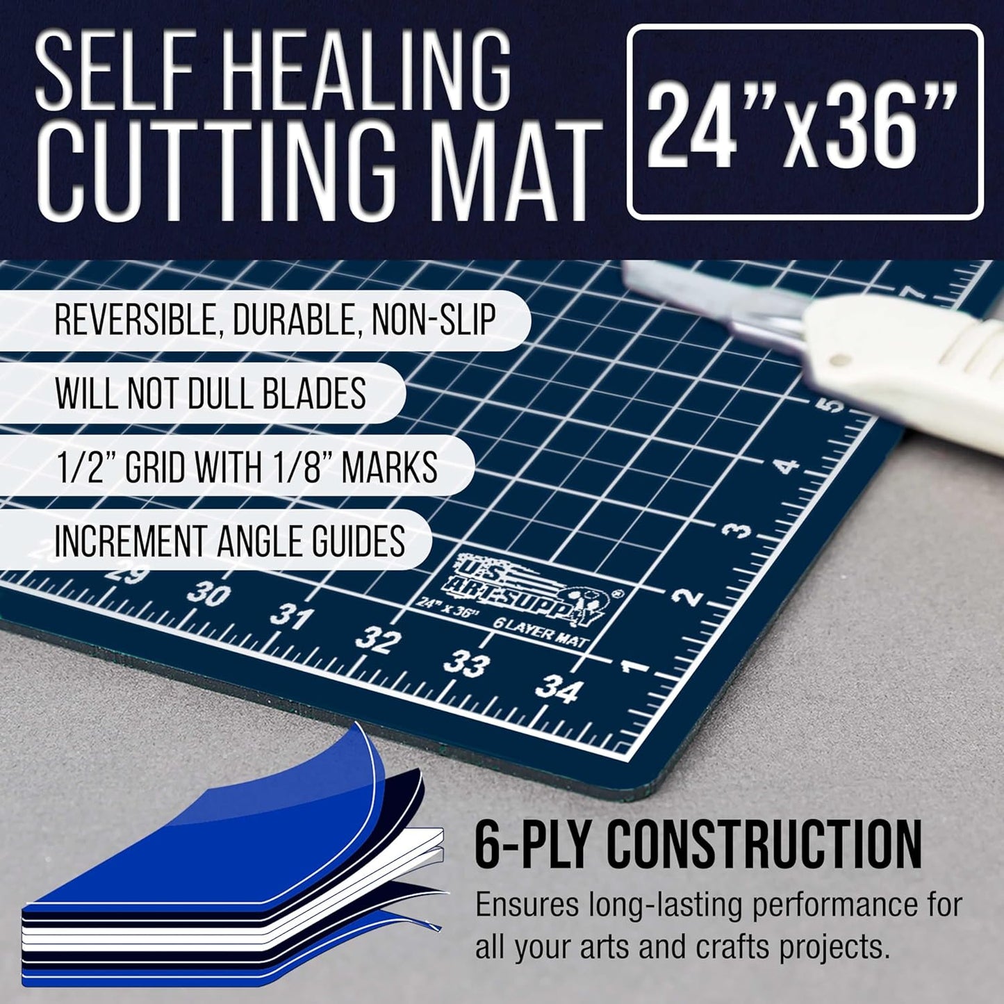 U.S. Art Supply 24" x 36" Self-Healing Cutting Mat 5-Ply - Double-Sided White/Blue Craft Mat, Non-Slip Cutting Mats for Crafts, Sewing, Quilting, Scrapbooking