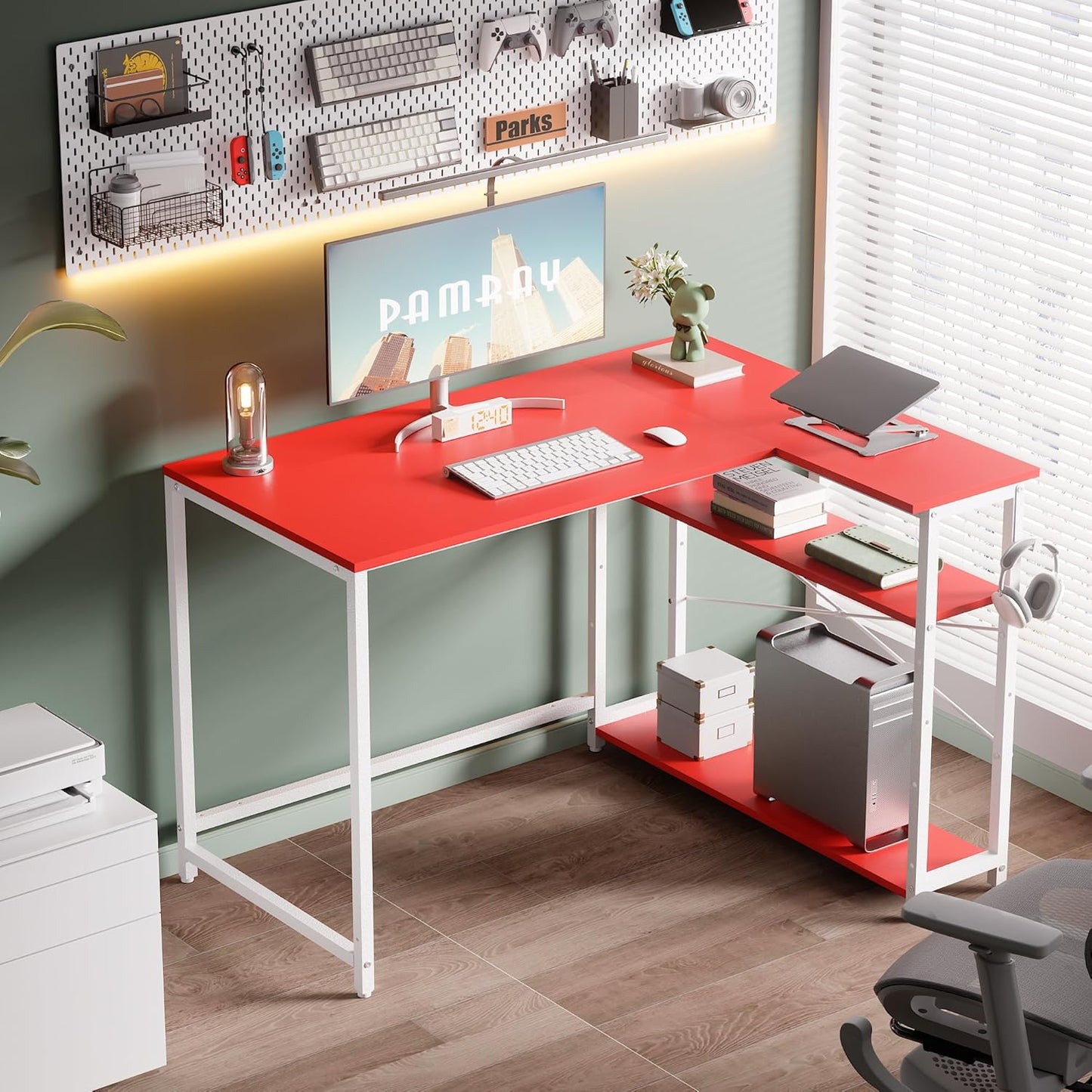 Pamray 43 Inch L Shaped Computer Desk with Reversible Side Storage Shelves, Small Corner Desk for Small Space Home Office,Writing Study Table PC Desk for Bedroom,Red