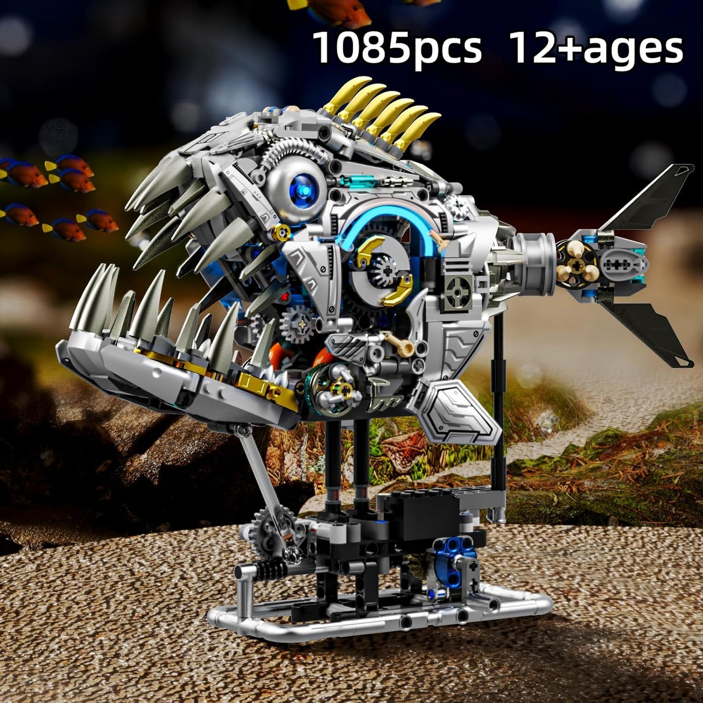 Mechanical Piranha Building Sets, Ocean Animal Collection Toy, Multi-Jointed Movement with Ice Blue Accents, Adults Home or Office Decor, STEM Building Gift for Teens Boys and Girls 12+（1085 PCS)