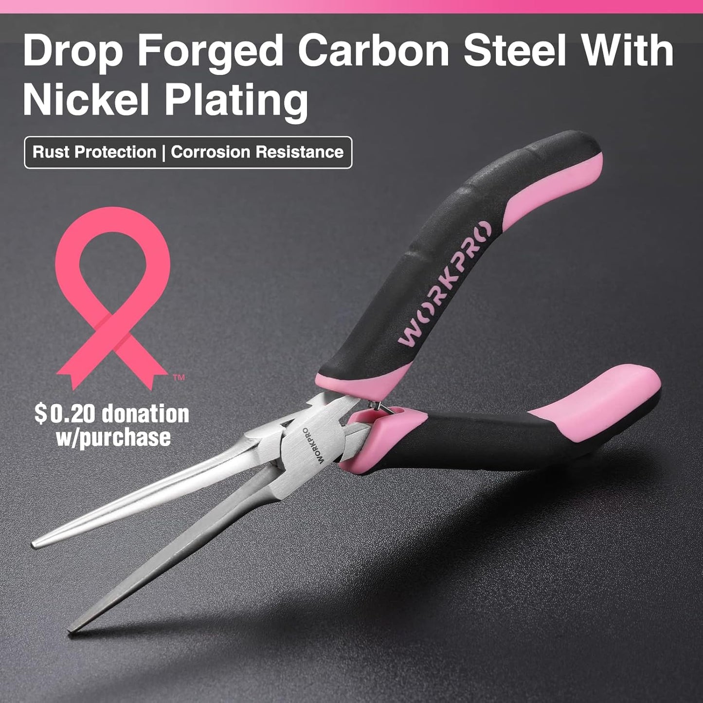WORKPRO 6-Piece Mini Pliers Set, Needle Nose, Long Nose, Bent Nose, Diagonal, End Cutting and Linesman, for Crafts Work, Electronic Repair, with Pouch - Pink Ribbon