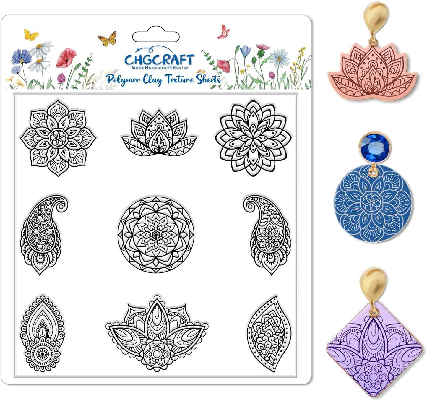 CHGCRAFT Mandala Polymer Clay Texture Sheets Single Mandala Floral Paisley Pattern Silicone Texture Stamp Clay Texture Mat Modeling Pattern Pad Sheets for Jewelry and Earrings Tools, 5.5x5.5 inch