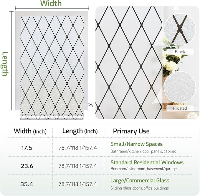 LUTE Frosted Window Privacy Film, Static Cling UV Sun Blocking Heat Control Window Cover, Removable Non-Adhesive Glass Sticker Vinyl Decorative Bathroom Frosting Decals, Black Lattice, 35.4" x 118.1"