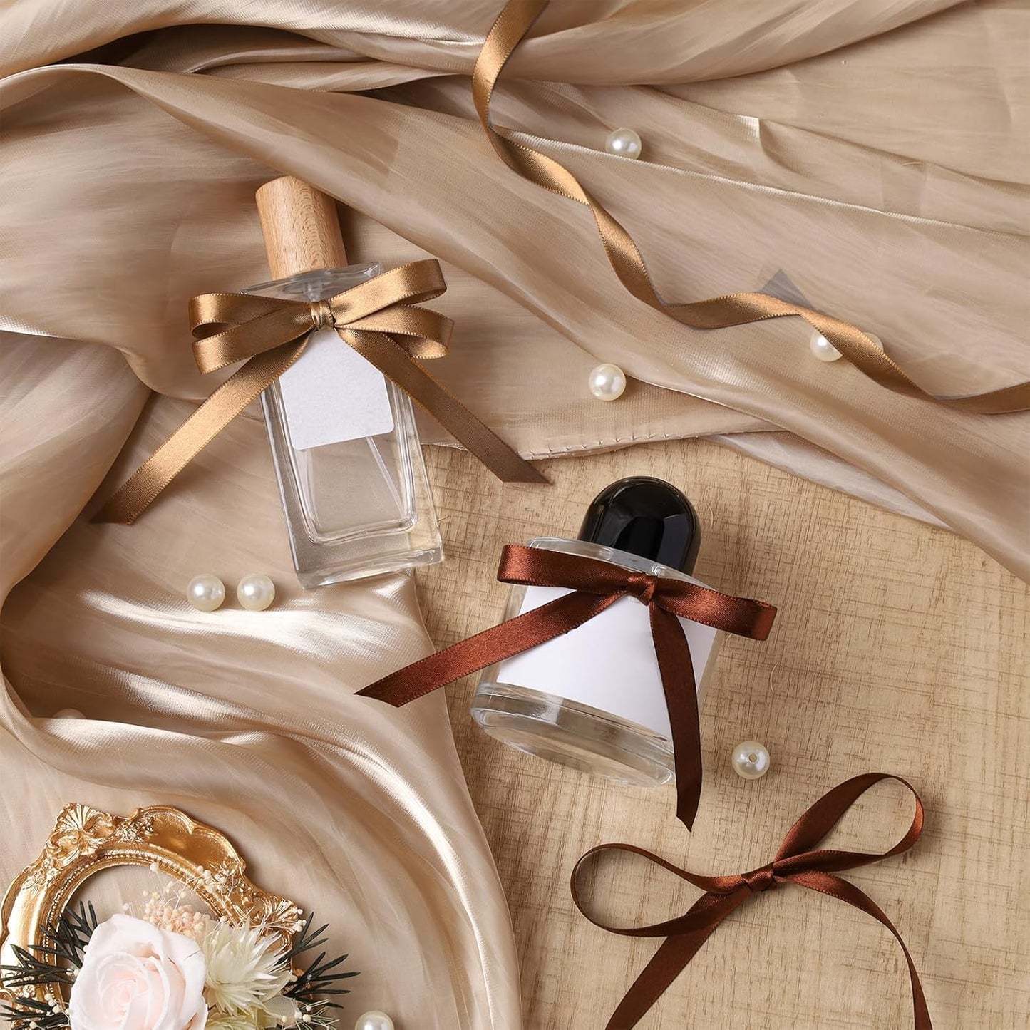 LaRibbons Brown Satin Ribbon 3/8 Inch 50 Yards Thin Luxury Double Faced Firar Brown Silk Ribbon for Flower Bouquet Crafts Gift Wrapping Wedding Christmas Decoration