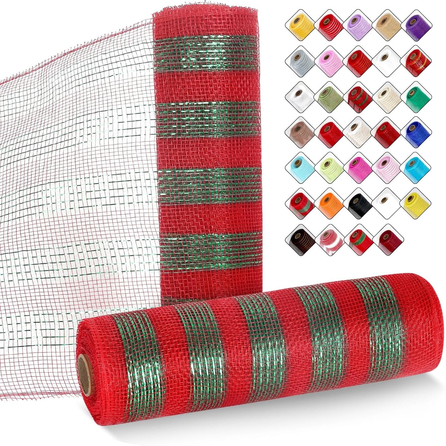 2 Rolls Mesh Ribbon for Wreaths 10 Inch x 30 Foot Wreath Mesh Rolls with Metallic Foil for Easter Christmas Party Wedding Home Decor DIY Craft Projects and Gift Wrapping (Red/Green-Wide)