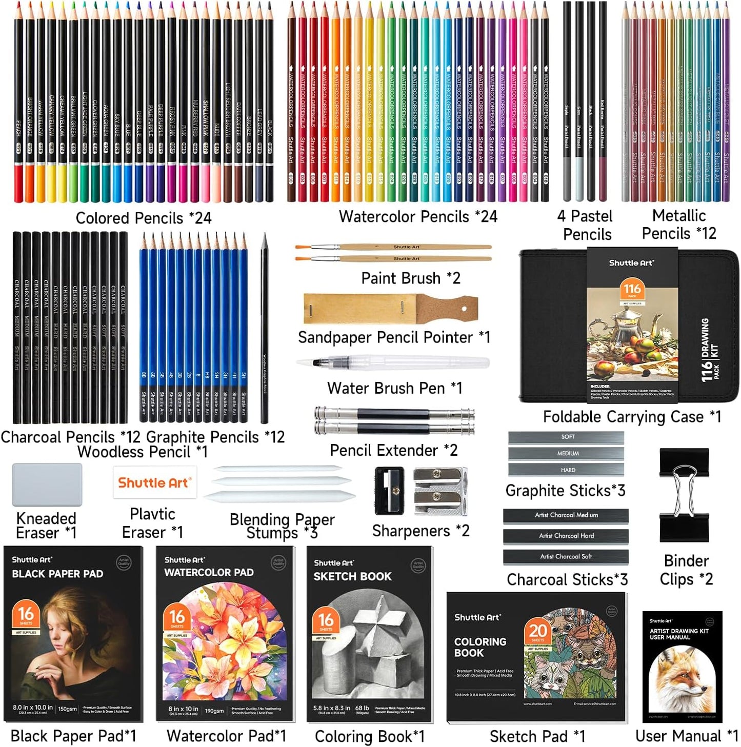 Shuttle Art 116 PCS Drawing Kit, Professional Drawing Supplies with Sketch, Charcoal, Colored, Graphite, Pastel Pencils & Sticks, Complete Drawing Tools and Paper Pads in Zipper Case for Artists&Kids