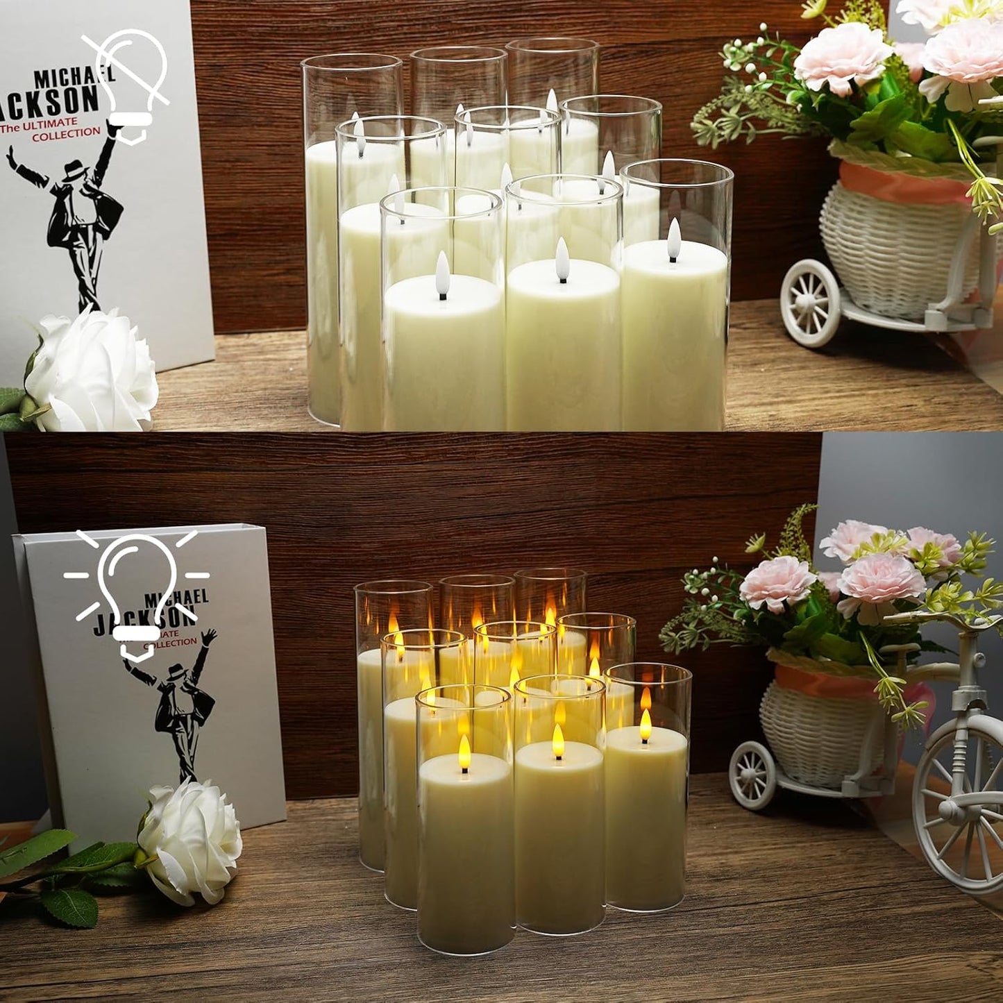 Flickering Flameless Candles Battery Operated with Remote and 2/4/6/8 H Timer Plexiglass Led Pillar Candles Pack of 9 (D2.3"xH 6"7"8")with Realistic Moving Wick Candles for Home Decor(Ivory)