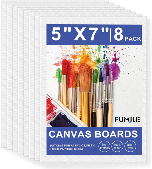 5x7 Inch Canvas Boards for Painting, 8 Pack Primed Acid-Free Blank Canvas Panels, Mini Canvas for Beginners & Artist, Small Canvases for Painting for Classroom and Painting Parties.