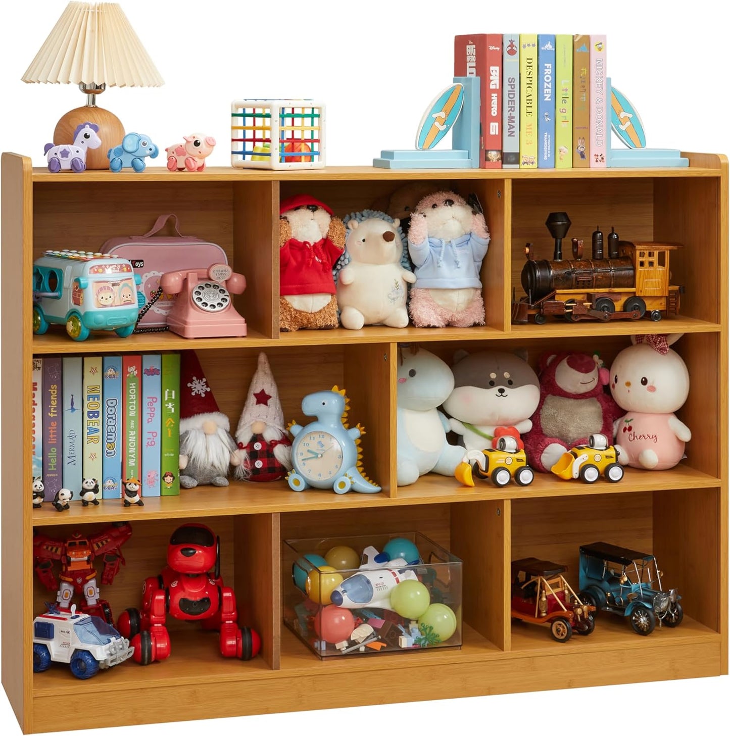 3-Tier Bookshelf, 8-Section Wooden Bookcase, Storage Organizer with Anti-Tilt Device, Modern Storage Display Cabinet for Living Room, Classroom, Kid’s Room (Natural)