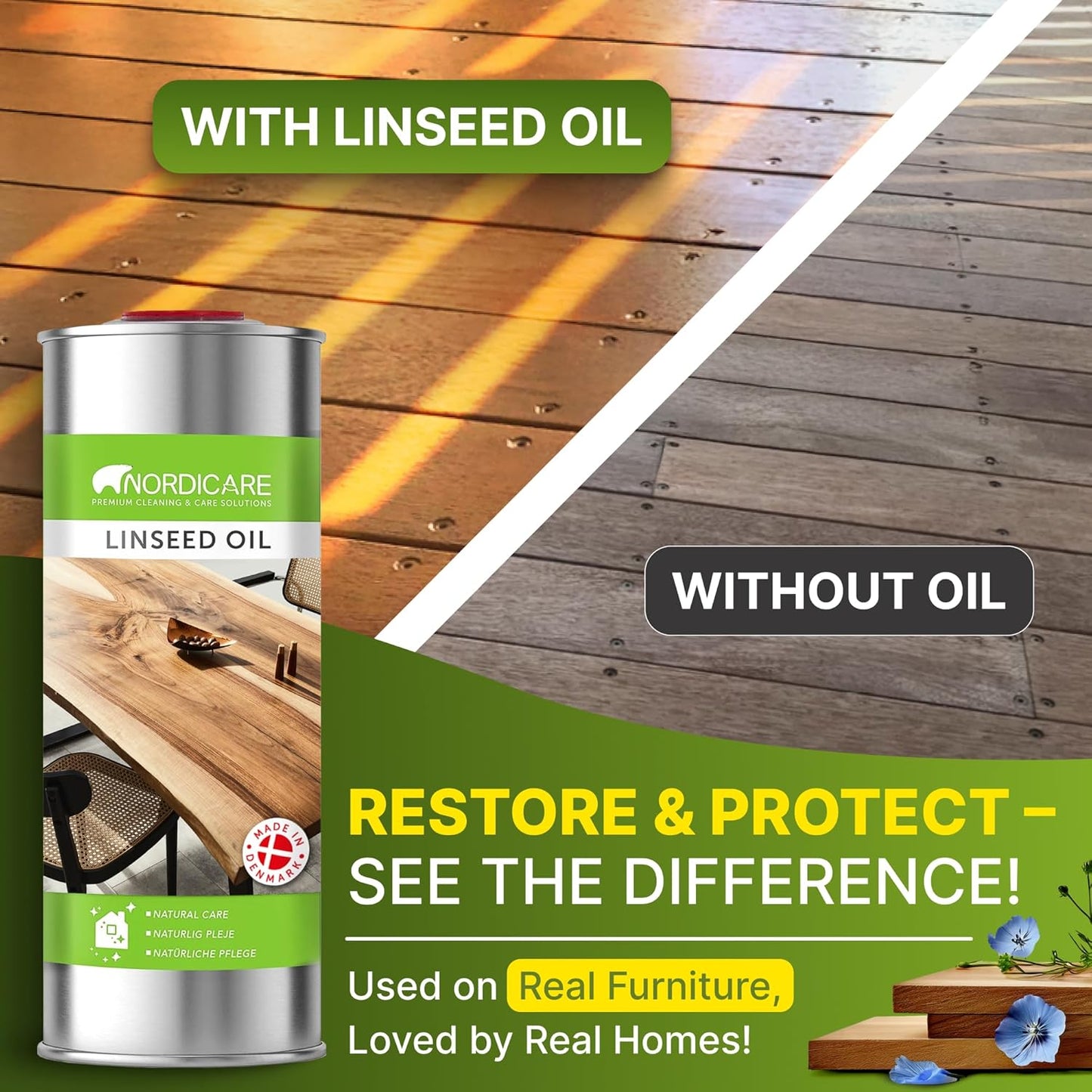 Nordicare [1L] Linseed Oil for Wood Protection I Linseed Oil Varnish Wood Oil for Indoor I Boiled Linseed Oil for Furnitur.