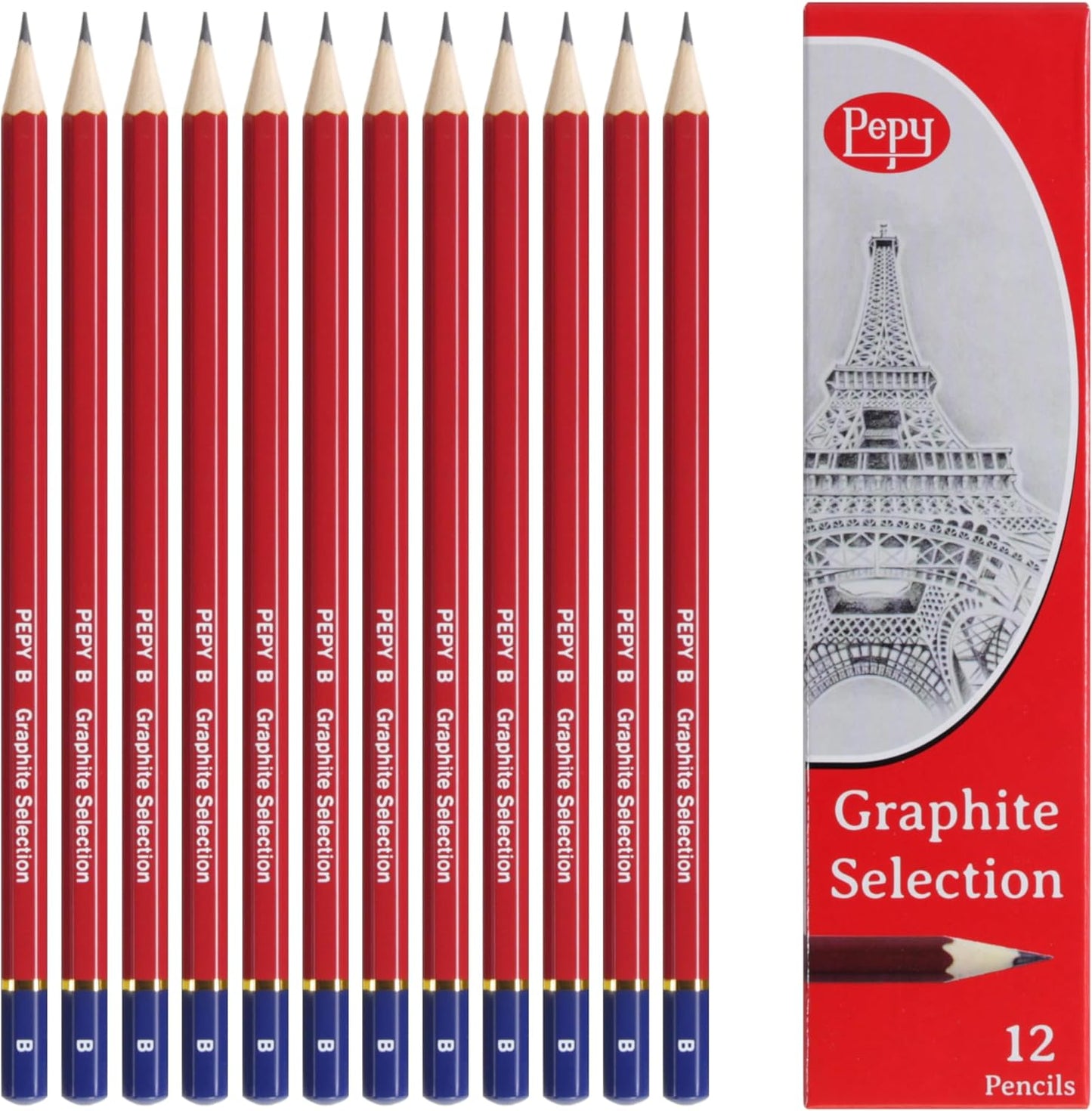 Pepy Graphite Professional Drawing Pencils - Set of 12 B Pre-Sharpened Black Lead Pencils; Perfect for Drawing, Sketching and Shading, Graphic and Fine Art