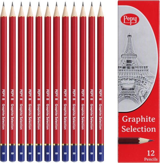 Pepy Graphite Professional Drawing Pencils - Set of 12 B Pre-Sharpened Black Lead Pencils; Perfect for Drawing, Sketching and Shading, Graphic and Fine Art