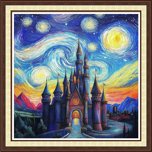 Findvoor Counted Cross Stitch Kits for Adults Full Range of Cross Stitching Embroidery Unprinted Pattern for Beginners, 11CT Needlepoint Kit Patterns Embroidery Kits-Van Gogh's Castle 18x18 inch