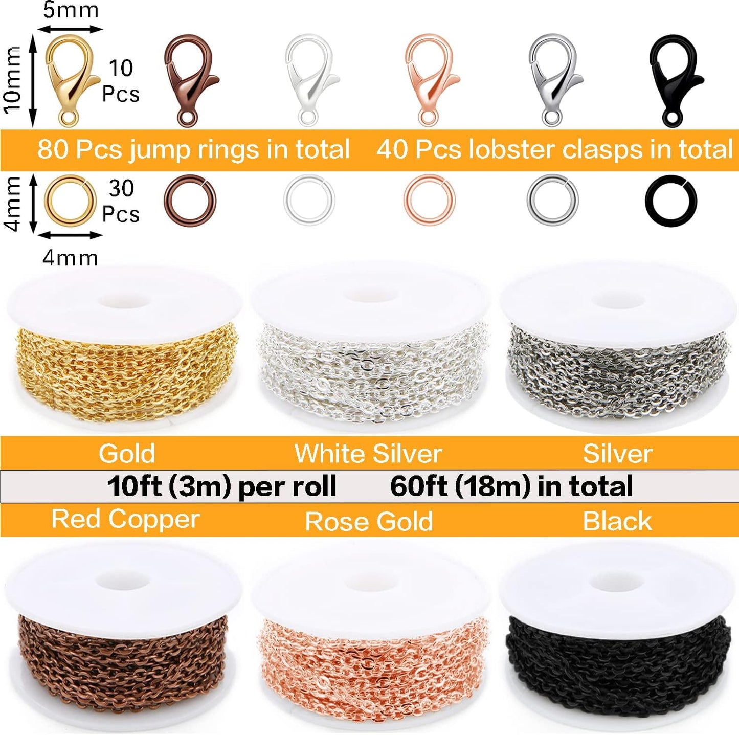 Jishi 60ft Jewelry Necklace Chains 2mm Jewelry Chain Links for Making Bracelets Earrings DIY Craft Supplies Findings, 6-Colors Gold Silver Copper Plated Metal Cable Rolo Link Chain Rolls Bulk