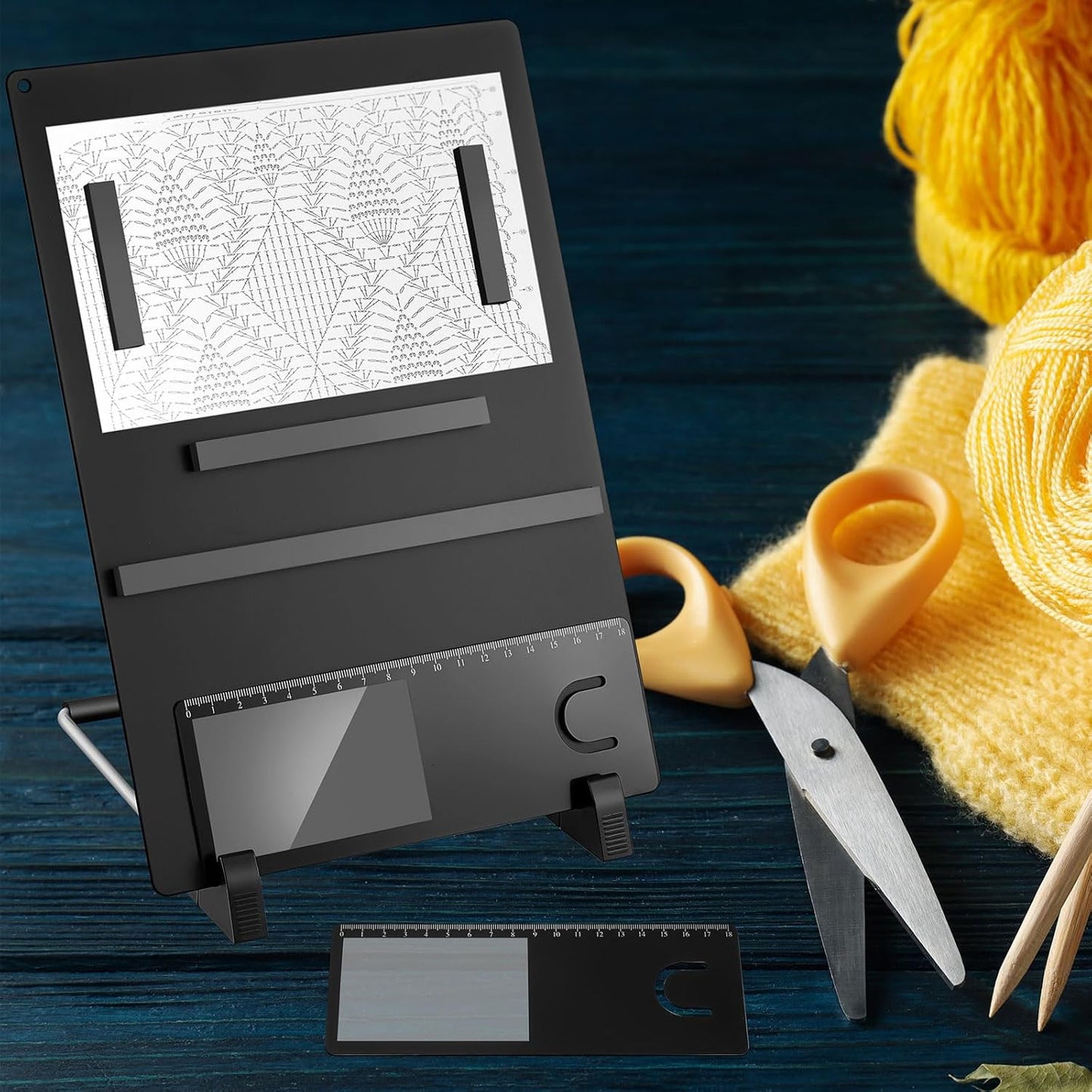 Flutesan 8 Pcs Cross Stitch Accessories and Tools 11.5 x 4.7 Inch Metal Magnet Board Chart Knitting Pattern Holder 2 Bookmark Magnifier with Ruler 1 Bracket 4 Magnet Strips for Crafts Work (Black)