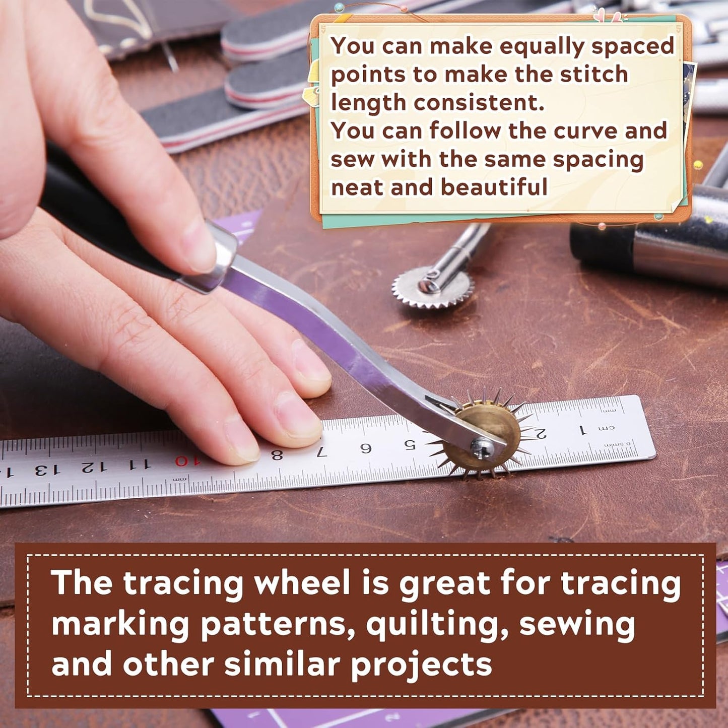 JNENERY 4PCS Tracing Wheel Sewing Tool,Professional Stitch Marking Spacer,Wood and Stainless Steel Pounce Wheel,Pounce Wheel for Sewing Patterns with Wooden Handle forTracing Paper and Leather Crafts