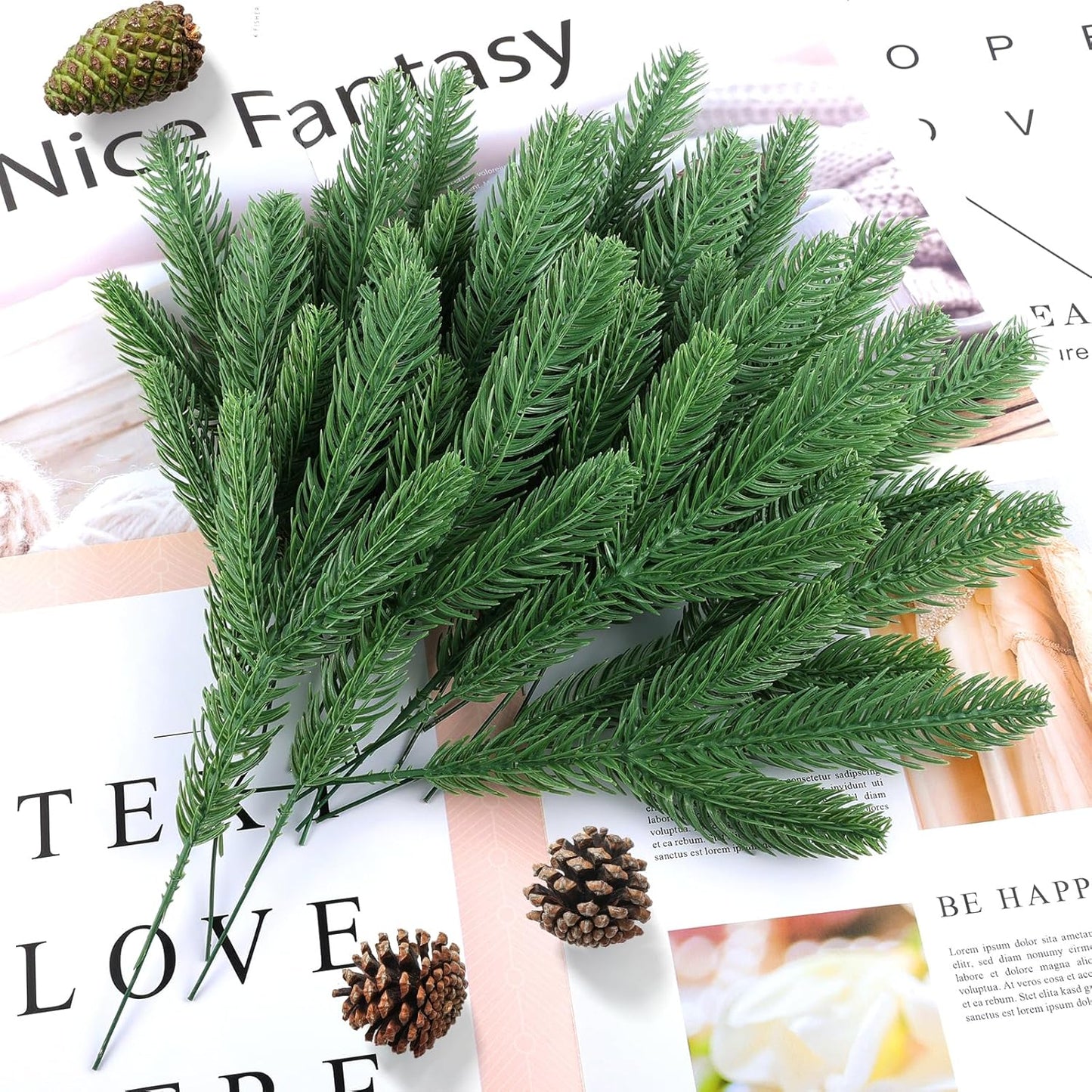 Hananona 50 Pcs Artificial Pine Branches Christmas Greenery Plants Pine Needles DIY Cedar Picks and Sprays Accessories for Christmas Garland Wreath Craft and Home Decor (50, Green)