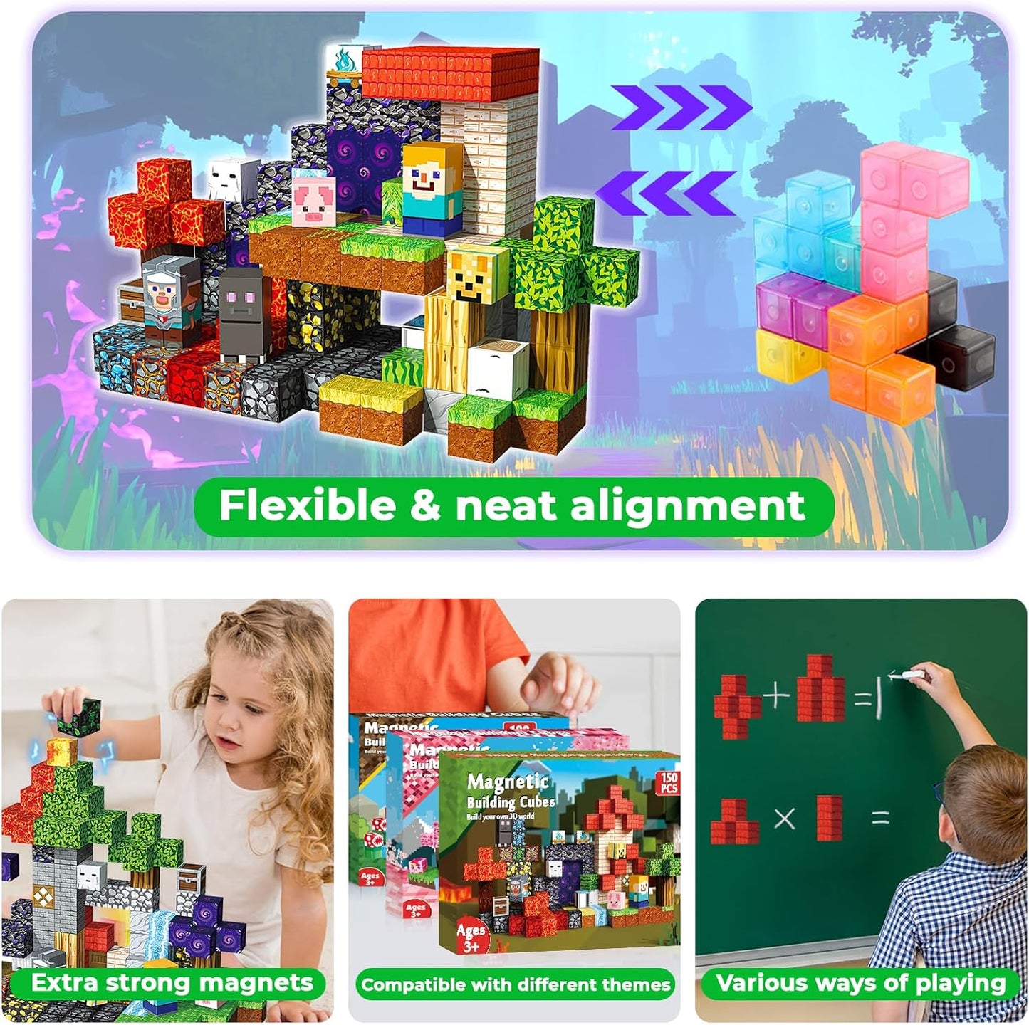 150 PCS Magnetic Blocks - Magnetic Building Block for Kids Ages 4-8 8-12, Magnet Blocks Cubes Tiles Constructions Toy for Girl Boy, STEM Montessori Stacking Toy, Sensory Play Halloweens Birthday Gifts