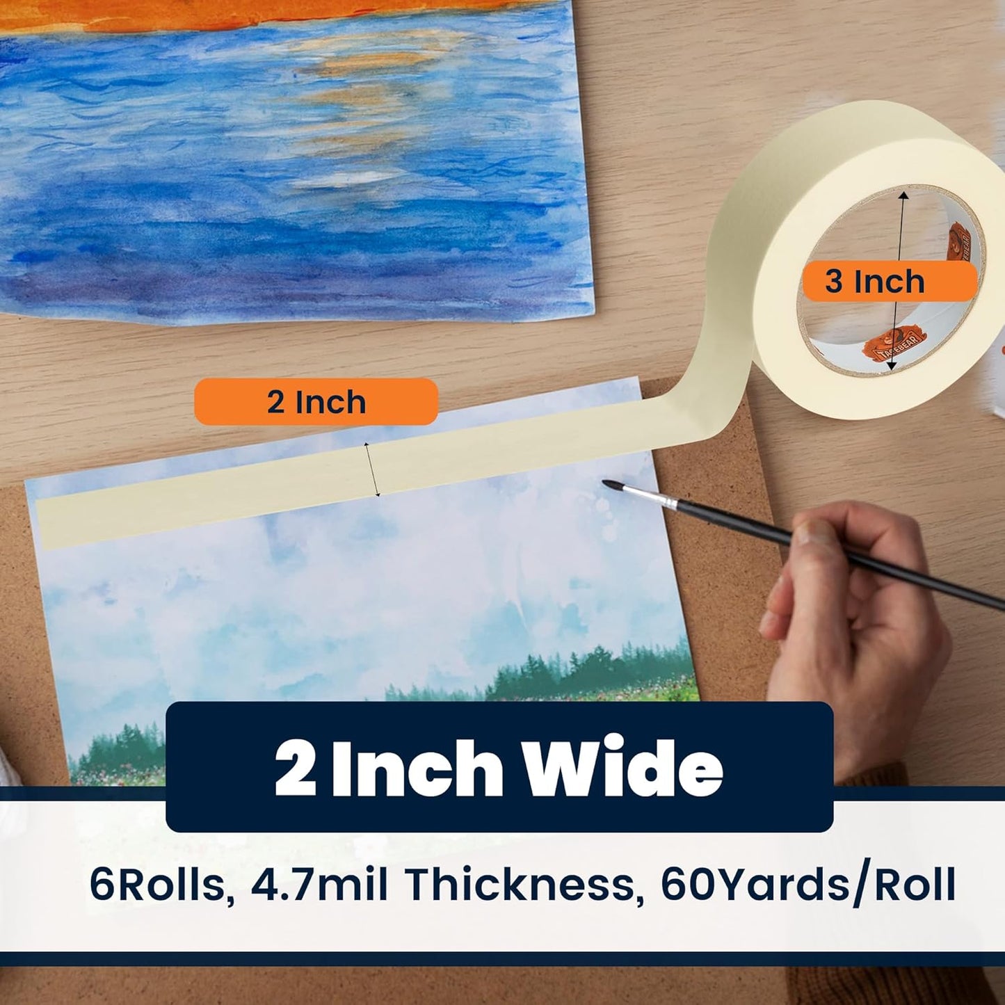 TAPEBEAR General Purpose Masking Tape 2 Inch x 60 Yards, Beige White Painters Tape for Painting, Labeling, DIY Arts Crafts, Home Office School Projects, 6 Rolls