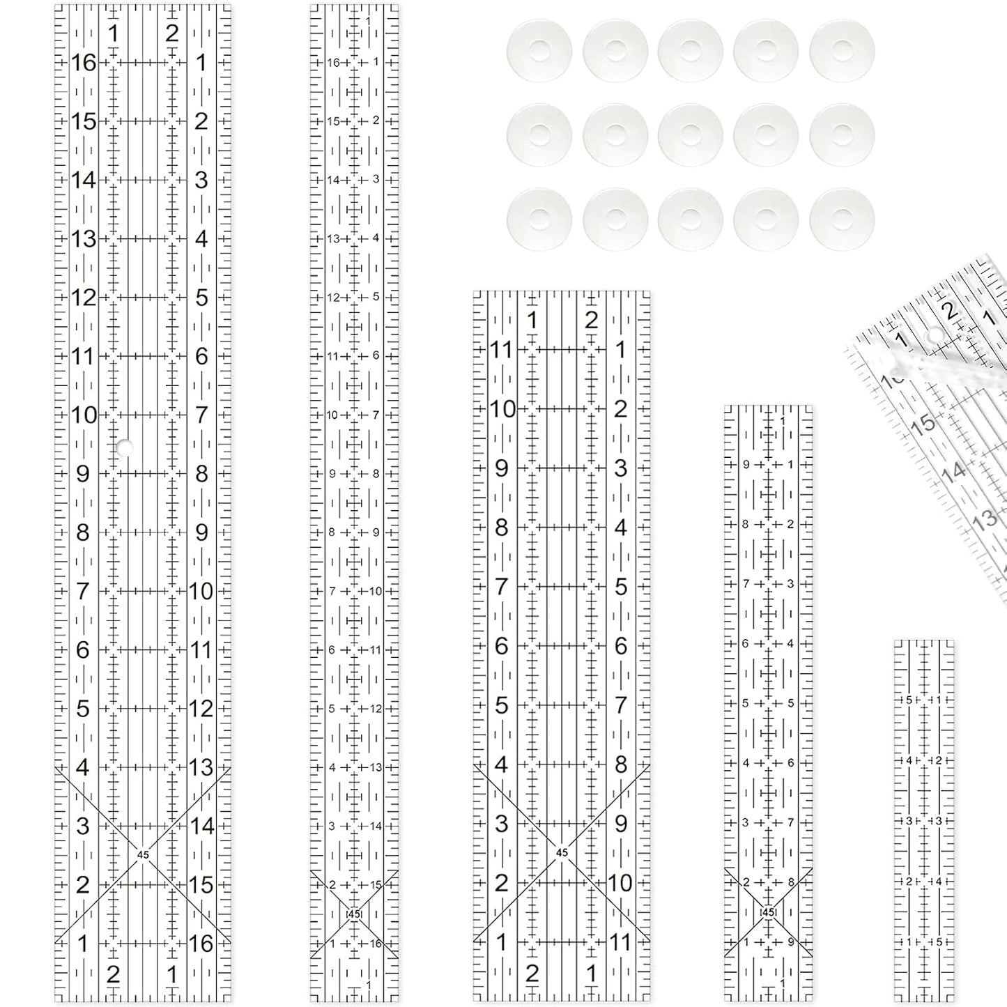 Quilting Rulers, Sewing Ruler, Acrylic Ruler for Sewing and Quilting,Cutting Ruler with Non-Slip Rings (3"x17",1.5"x17",3"x12",1.5"x10",1"x6") (Black and White)