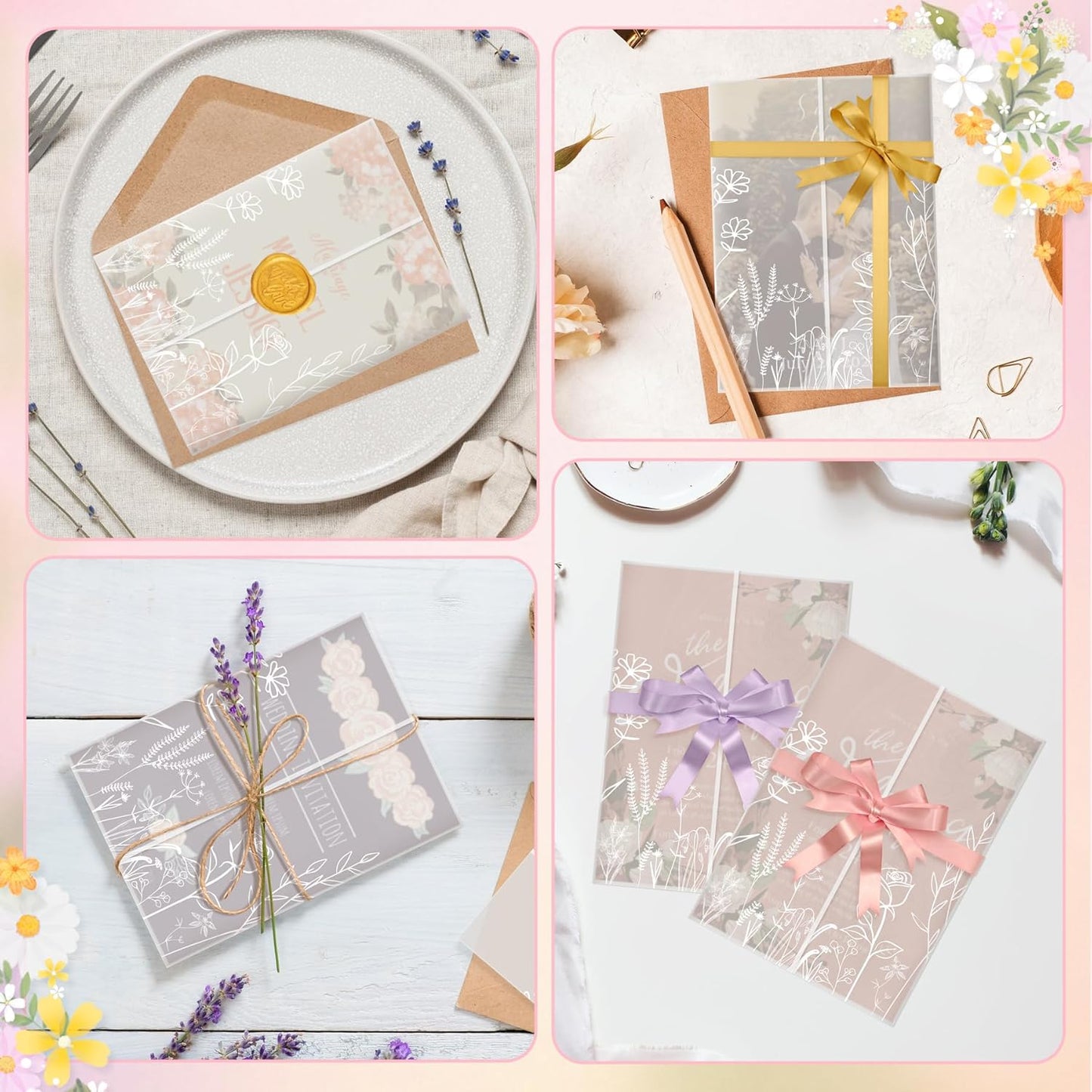 HAUTOCO 200 Pack Vellum Jackets for 5x7 Invitations, Pre-Folded Translucent 135GSM Vellum Paper Wraps, White Flower Envelope Liners Wedding Invitations Accessories