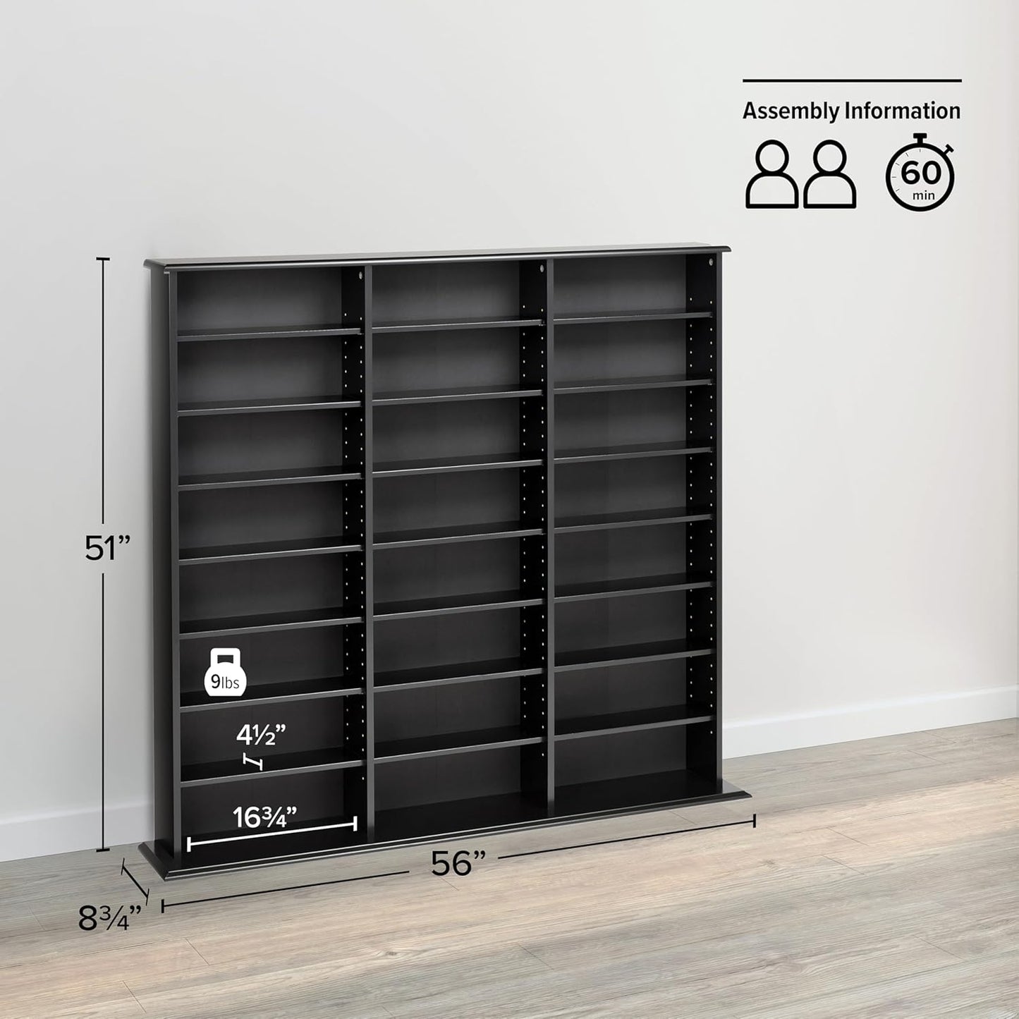 Prepac 3 Column Tall Media Storage Cabinet, Black Storage Cabinet, Display Cabinet, Multimedia Storage Organizer for CDs, DVDs, Blu-rays with 21 Adjustable Shelves 8.75" D x 56" W x 51" H
