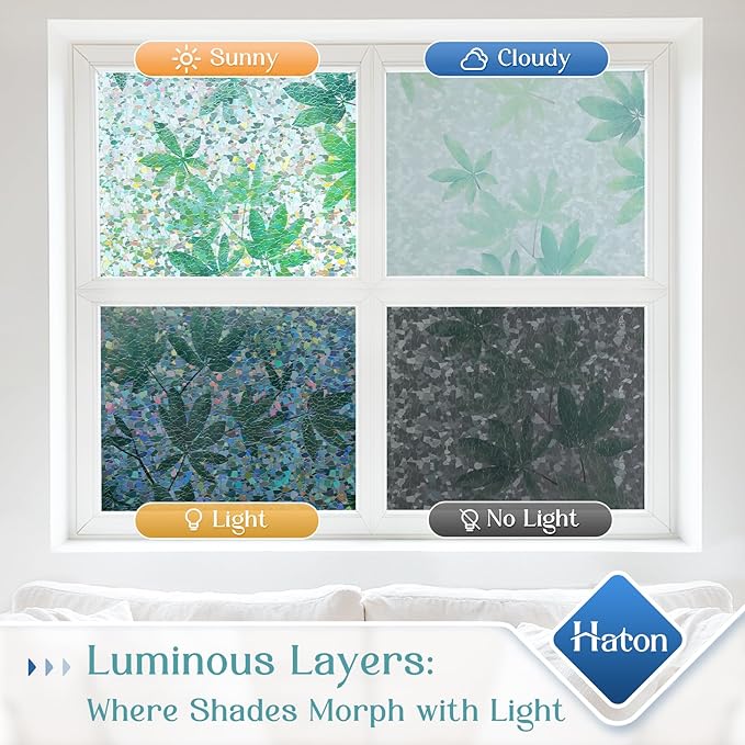 Haton Window Privacy Film, Rainbow Decorative Film, Stained Glass Window Clings, Static Cling UV Blocking Heat Control Tint Sticker for Home Door, Leaf Rainbow, 17.5" x 157.4" Non-Adhesive