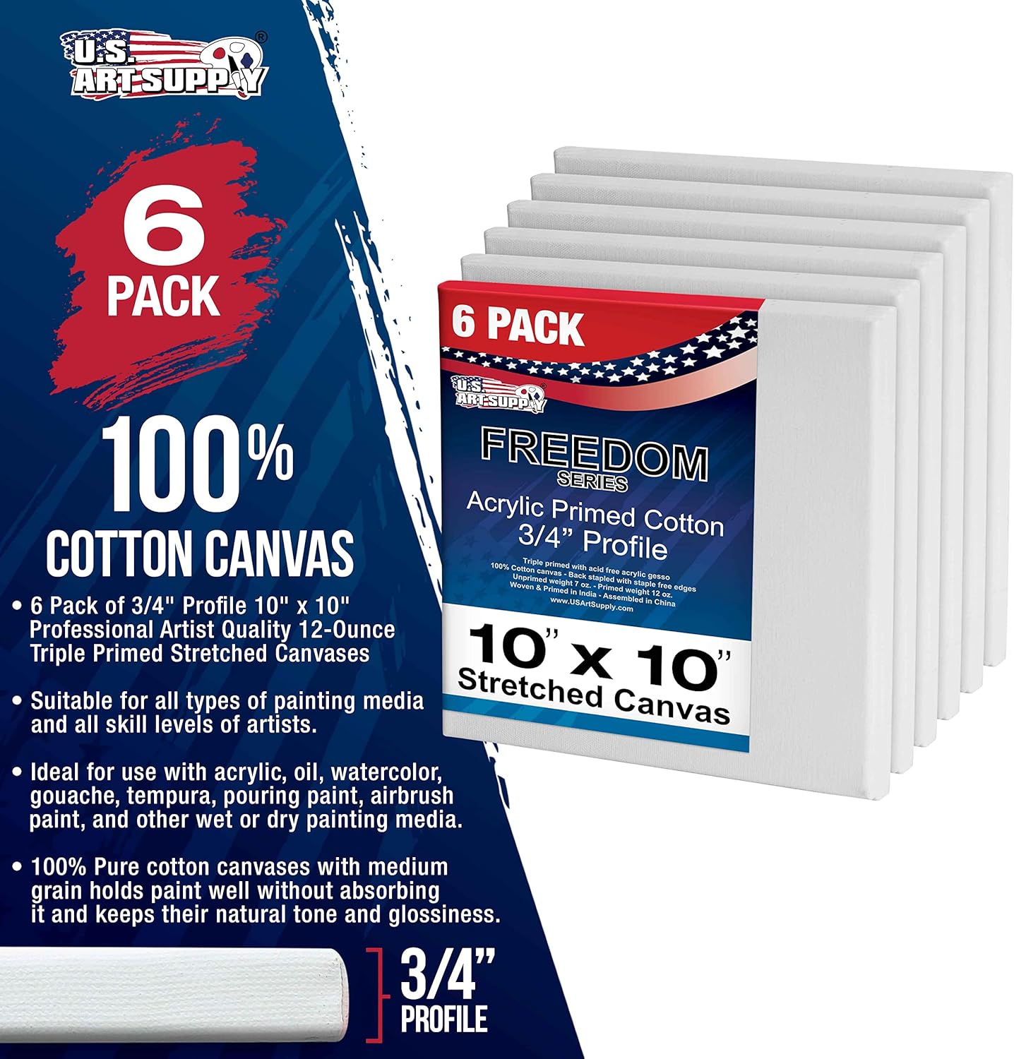 U.S. Art Supply 10 x 10 inch Stretched Canvas for Painting, 12oz Triple Primed, 6-Pack - Professional Artist Quality White Blank 3/4" Profile, 100% Cotton, Heavy-Weight Gesso - Acrylic Pouring, Oil