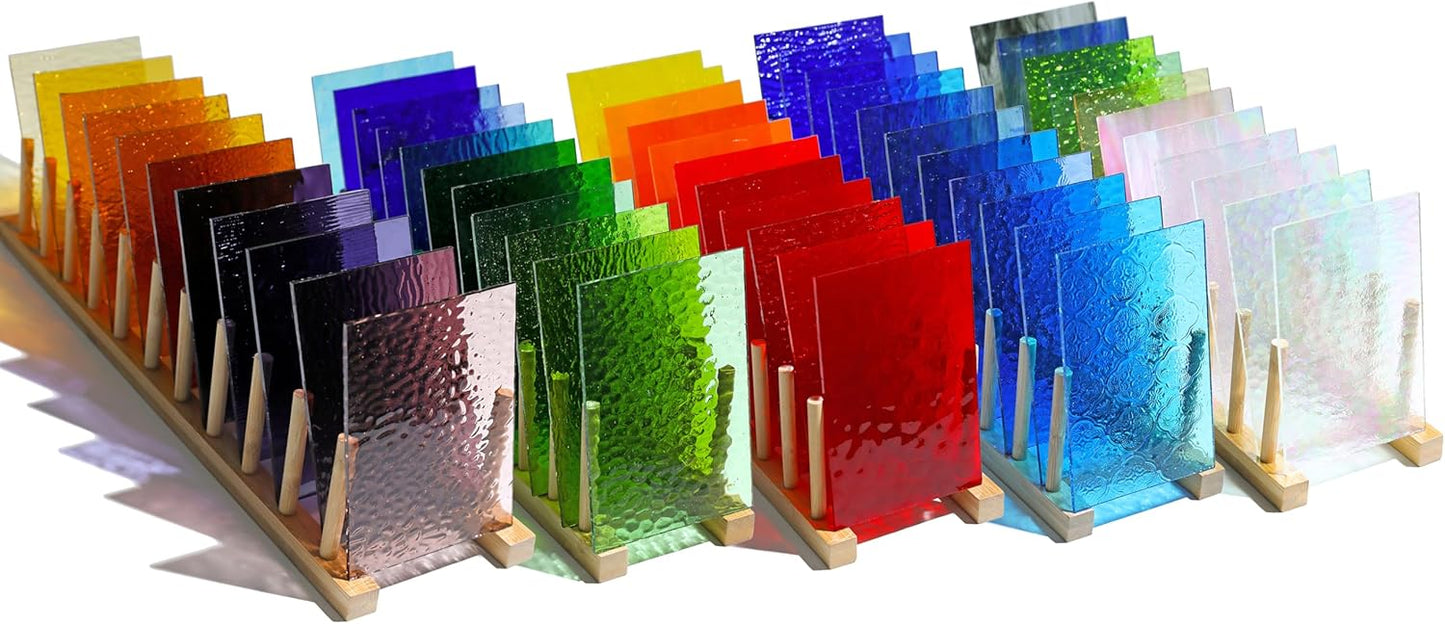 50 Transparent Stained Glass Sheets Bulk, Variety Colors Textured Cathedral Art Glass Sheets for DIY Mosaic Crafts, 4”x6” Vibrant Colored Glass Tiles Pieces for Home Decor