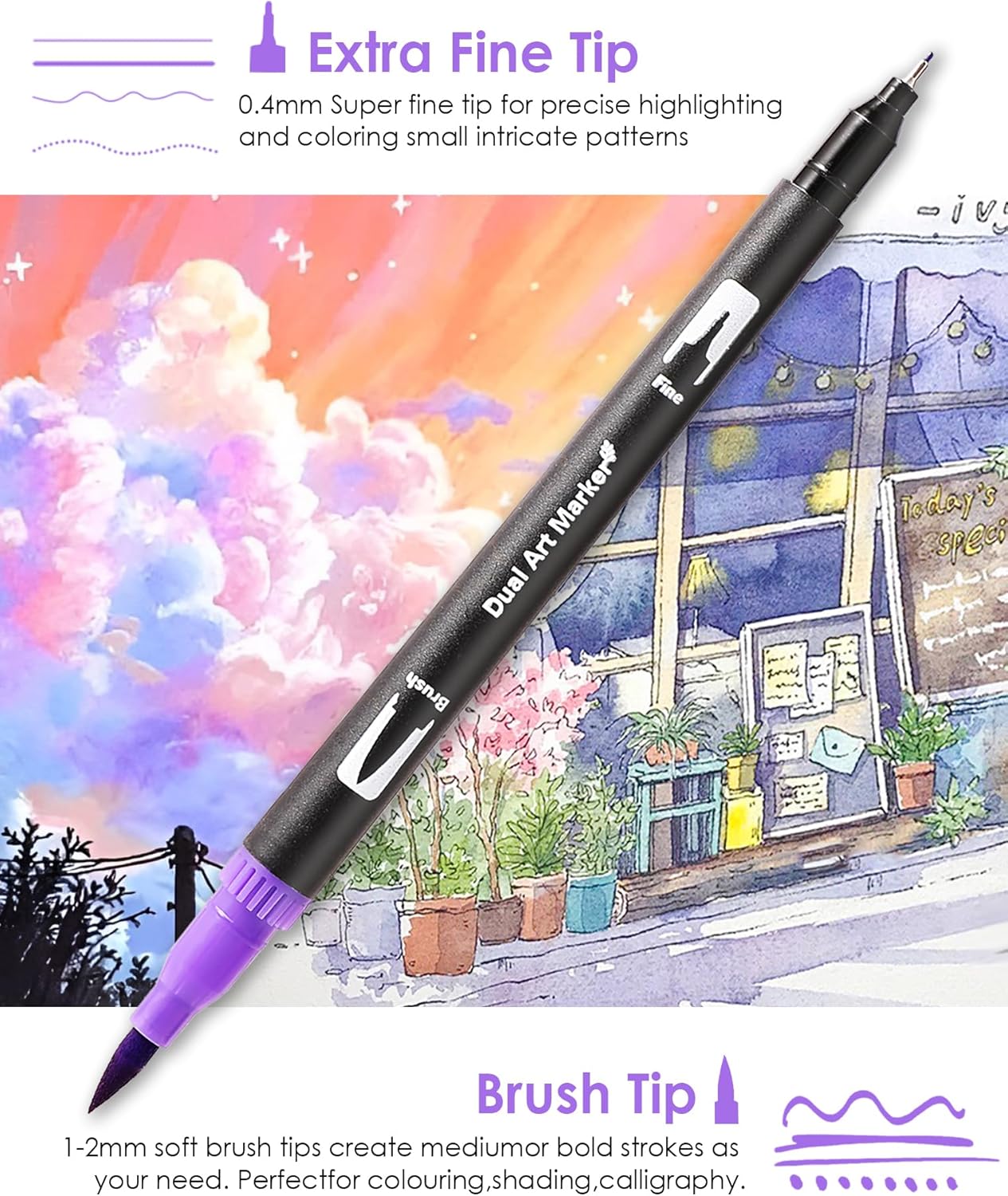 Dual Tip Markers, Double Brush Art Markers Set with Fine Tip and Brush Tip for Adult Coloring Book, Hand Lettering, Calligraphy & Drawing, Art Supplies Kit for Kids and Adults (72 Colors)