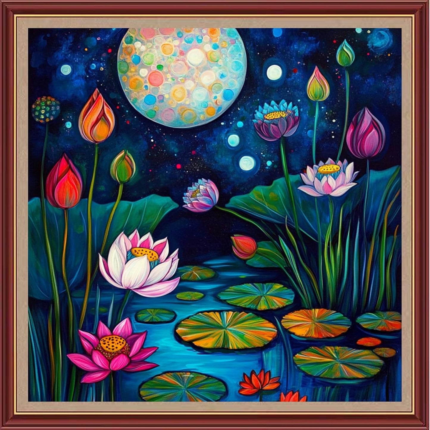 DMCXART Counted Cross Stitch Kits for Adults Needlepoint Kits Unprinted Cross Stitching Embroidery Kit 11CT Cross Stitch Supplies-Moonlight Over The Lotus Pond 18x18 inch
