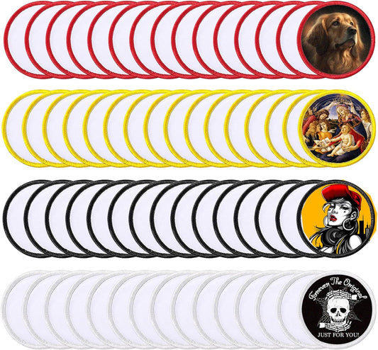 GUX 60 Pieces 4 Colors Round Patch Iron-on Sublimation Blanks Patches Fabric Patch Blanks Repair Blank Patches for DIY Hats Shirts Shoes Jeans Bags Supplies (4Colors Round Mixed / 60PCs)